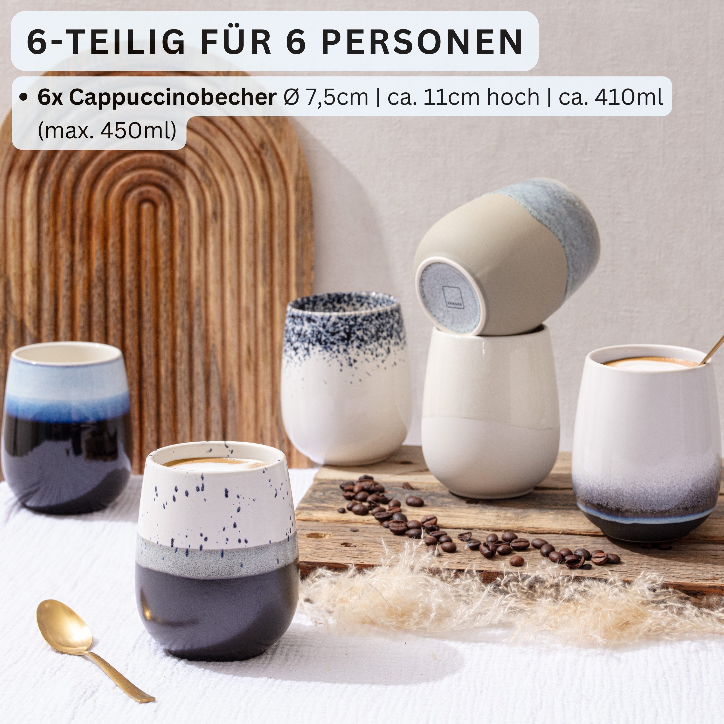 SÄNGER Tasse Siena, Mehrfarbig, 6-tlg., Steingut, 6 tlg. Cappuccinobecher, 410 ml, Handmade, PREMIUM COLLECTION