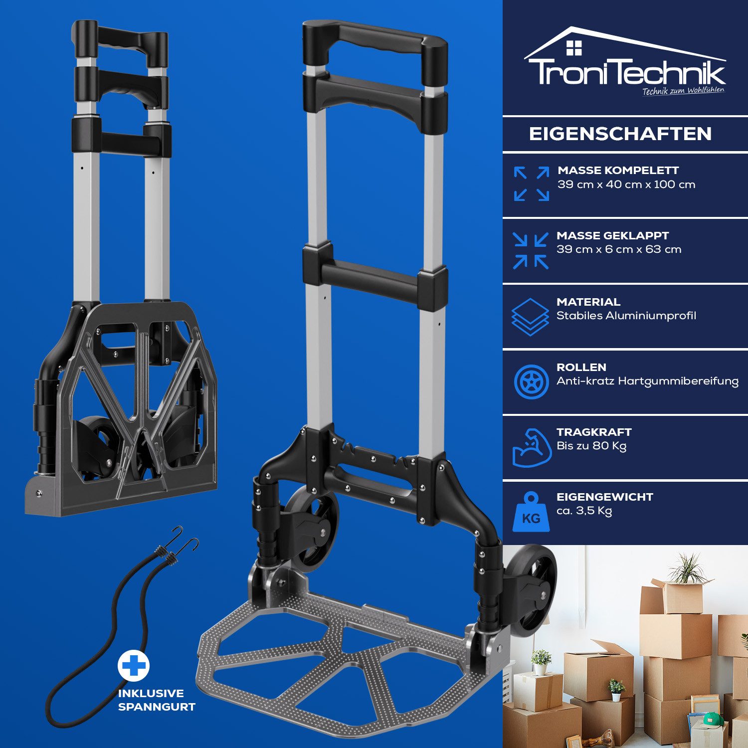 TroniTechnik Eckdusche Transportkarre Handkarre Handwagen, klappbar bis 80kg Tragfähigkeit, faltbar, Transportkarre, mit verstellbaren Griff – Bild 4 von 5
