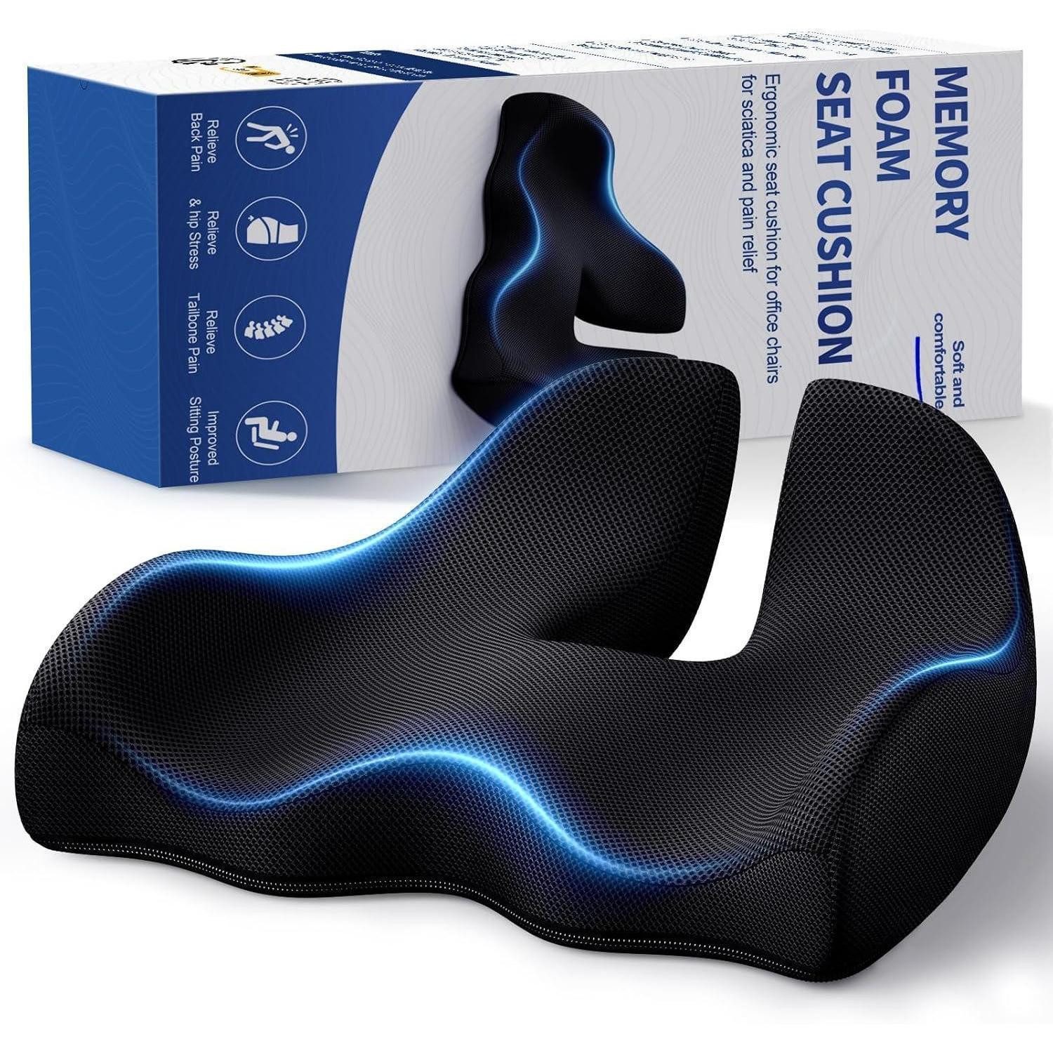 LuxusKollektion Sitzauflage Ergonomisches Memory-Foam Sitzkissen für Büro Bürostuhl Auto Schwarz