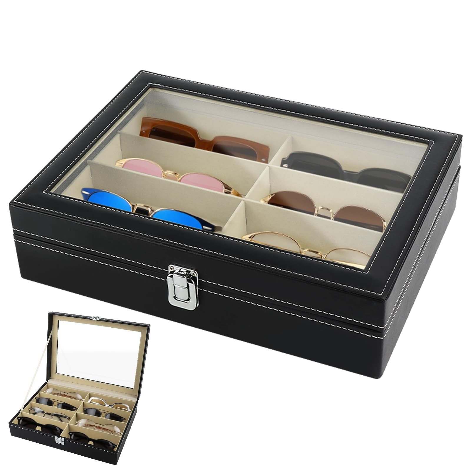 Venkuber Brille Brille Brillenbox für 8 Brillen Brillenkoffer Sonnenbrillen, schwarz