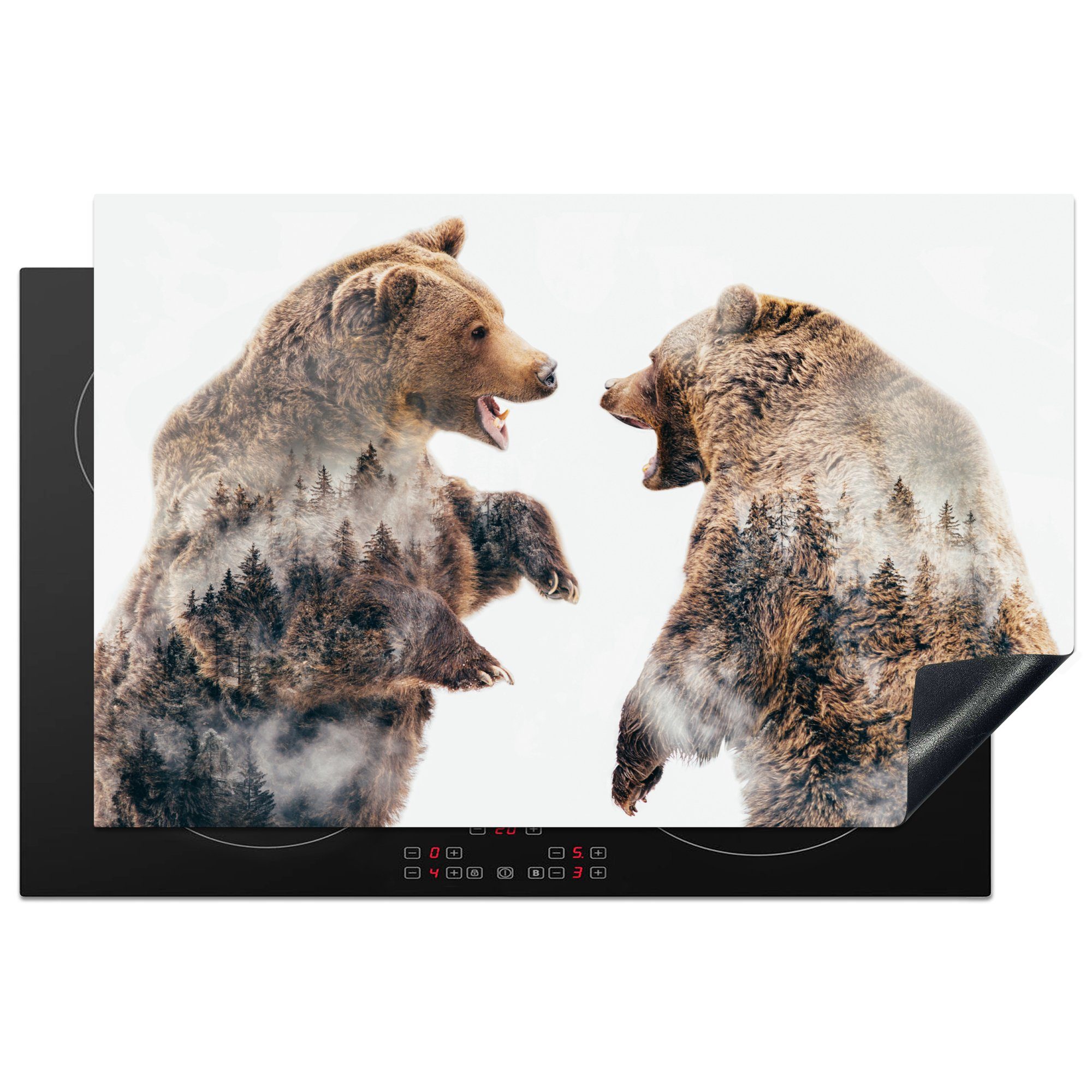 MuchoWow Herdblende-/Abdeckplatte Mehrfachbelichtung von zwei Bären und einem Wald, Vinyl, (1 tlg), 81x52 cm, Induktionskochfeld Schutz für die küche, Ceranfeldabdeckung