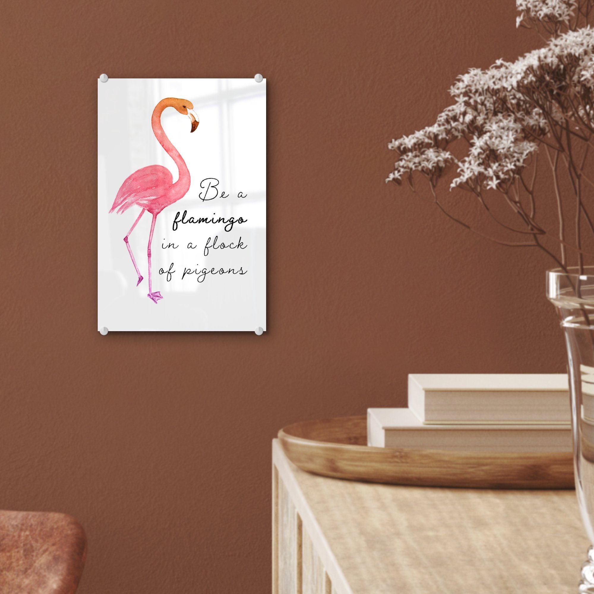MuchoWow Acrylglasbild Orange - auf bunt - Flamingo auf Wanddekoration - Glas Foto (1 Glas - Glasbilder - Wandbild Zitat, Bilder St)