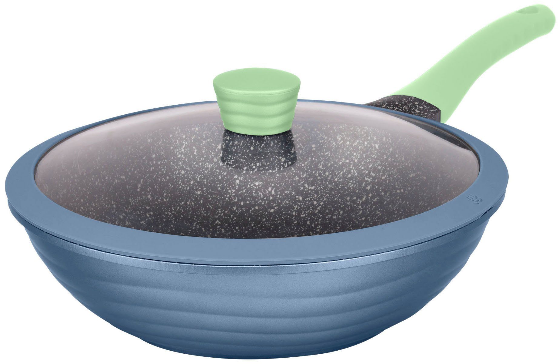 KING Wok NEW~WAVE, Aluminiumguss, Induktion, Antihaftbeschichtung, Glasdeckel mit Silikonrand, 28 cm