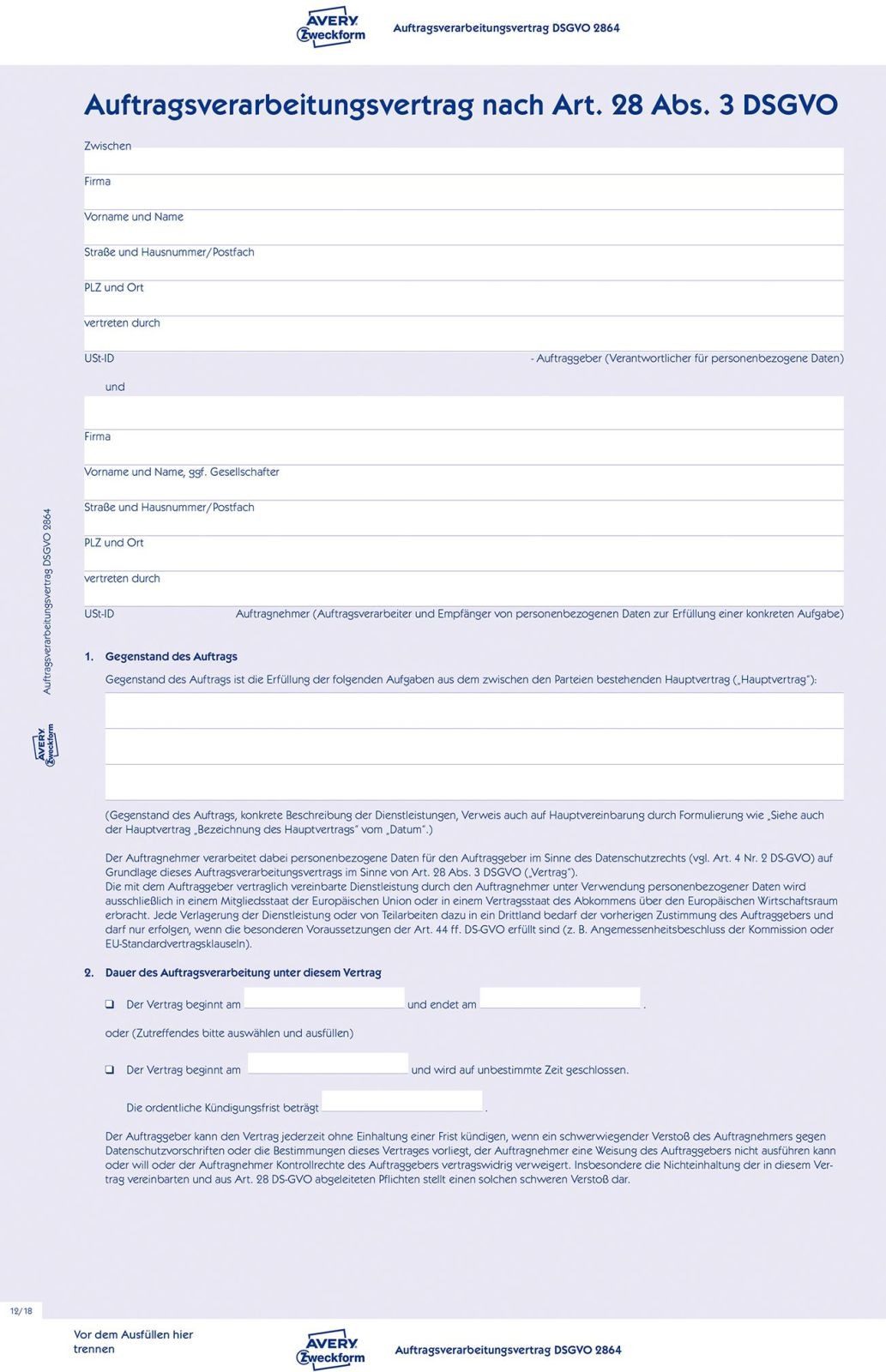 Avery Zweckform Formularblock Auftragsverarbeitungsvertrag A4 4-seitig (5 Stück)