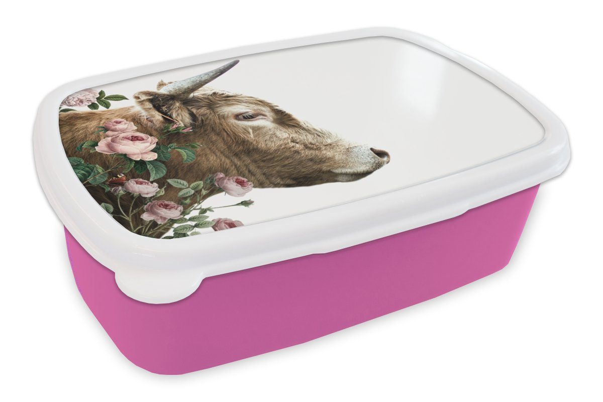 MuchoWow Lunchbox Schottischer Highlander - Rosen - Rosa - Weiß, Kunststoff, (2-tlg), Brotbox für Erwachsene, Brotdose Kinder, Snackbox, Mädchen, Kunststoff