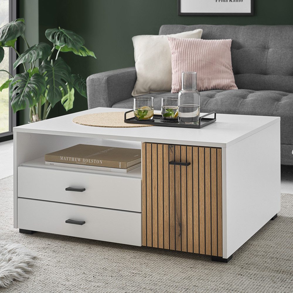 Lomadox Couchtisch HUNTER-61, Wohnzimmertisch weiß matt Eiche Rillen 90x43x günstig online kaufen