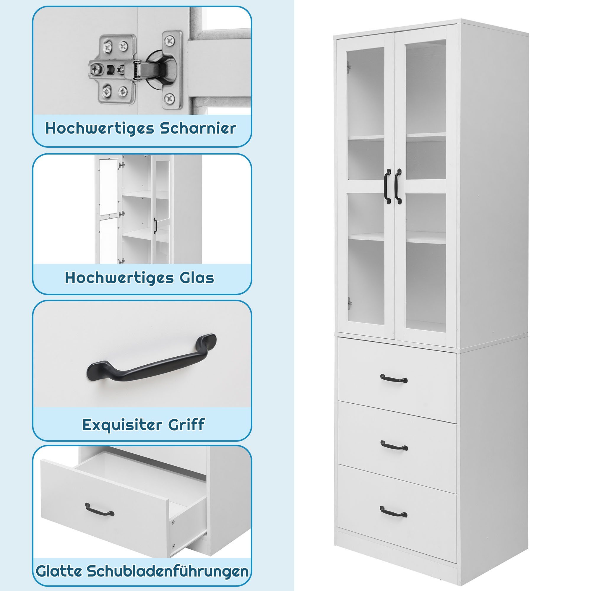 Merax Vitrine mit Glastüren und verstellbaren Einlegeböden Buffet Vitrine mit 3 Schubladen,Stauraumvitrine mit LED,Höhe 200cm