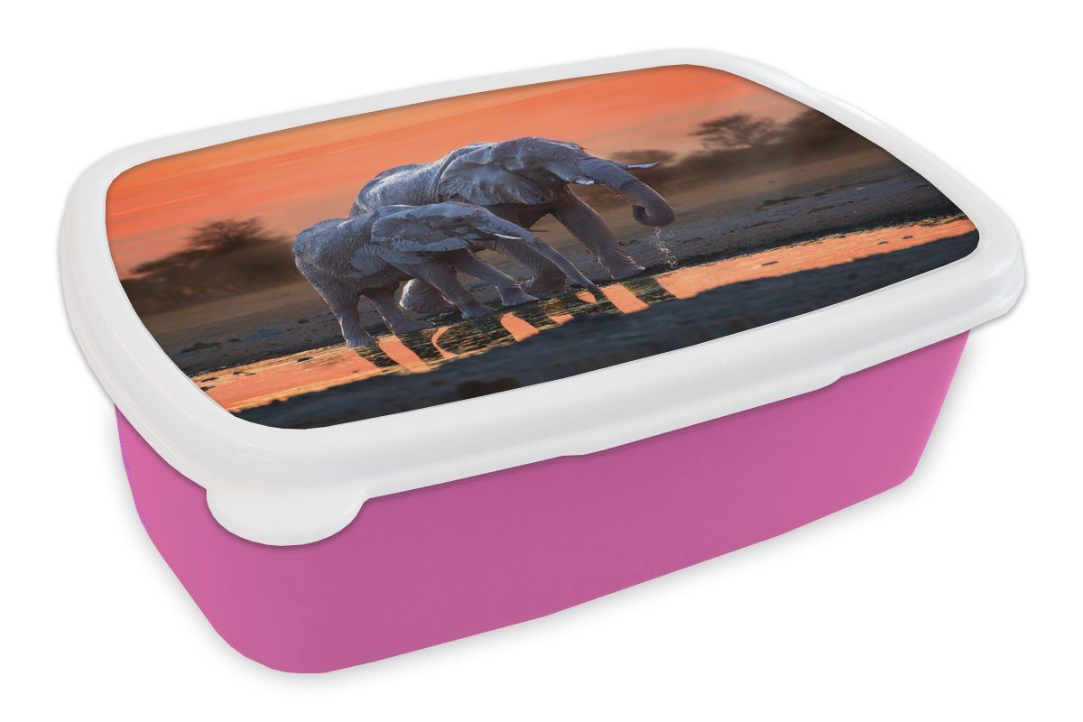 Elefant Tiere Erwachsene, rosa Snackbox, Kunststoff, Orange, Brotbox - Lunchbox Mädchen, Sonnenuntergang Kinder, (2-tlg), - MuchoWow - Kunststoff - Brotdose für Wasser
