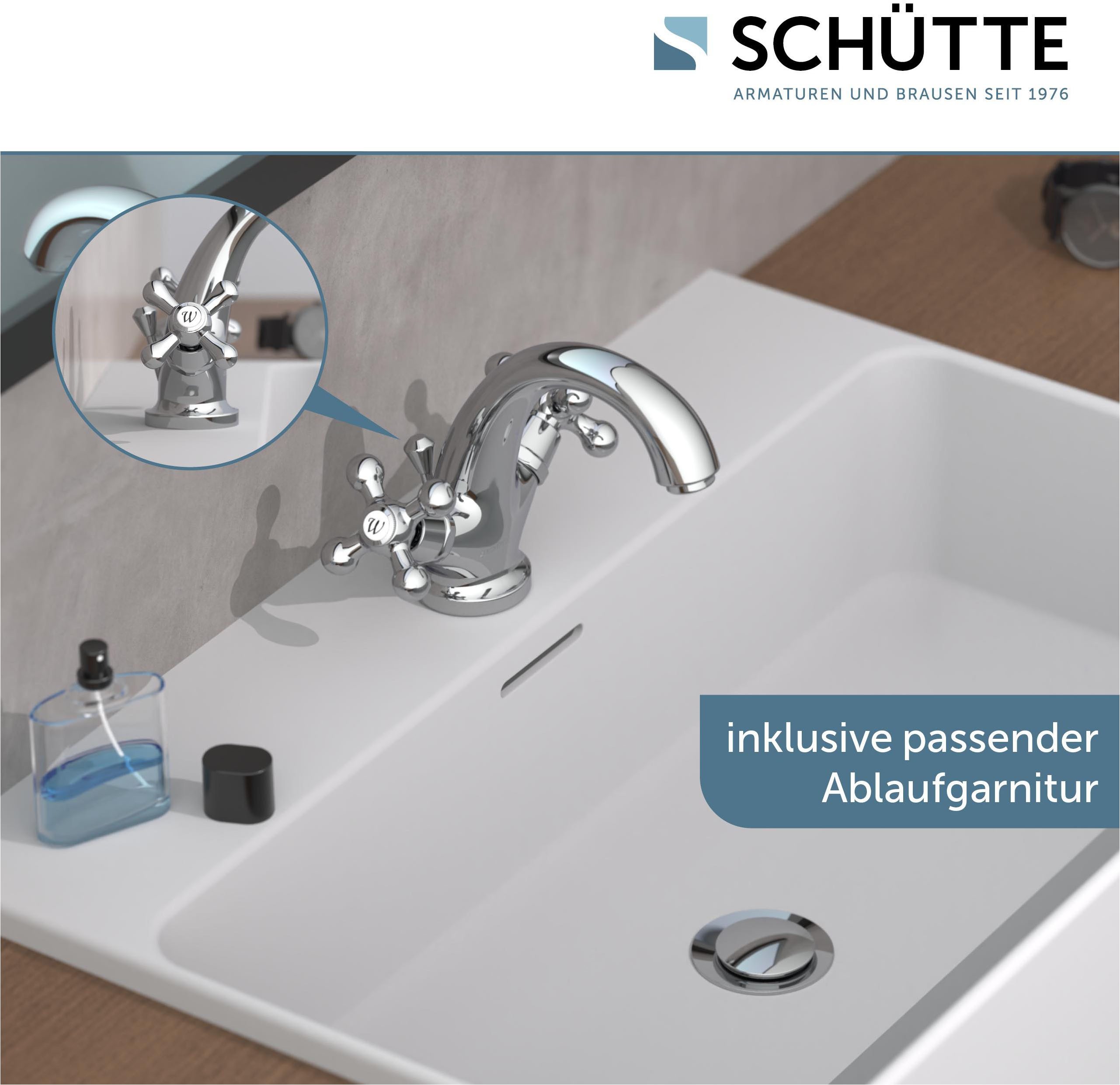 Schütte Waschtischarmatur Elk mit Zugstange, mit Ablaufgarnitur, Mischbatterie, Chrom – Bild 4 von 5
