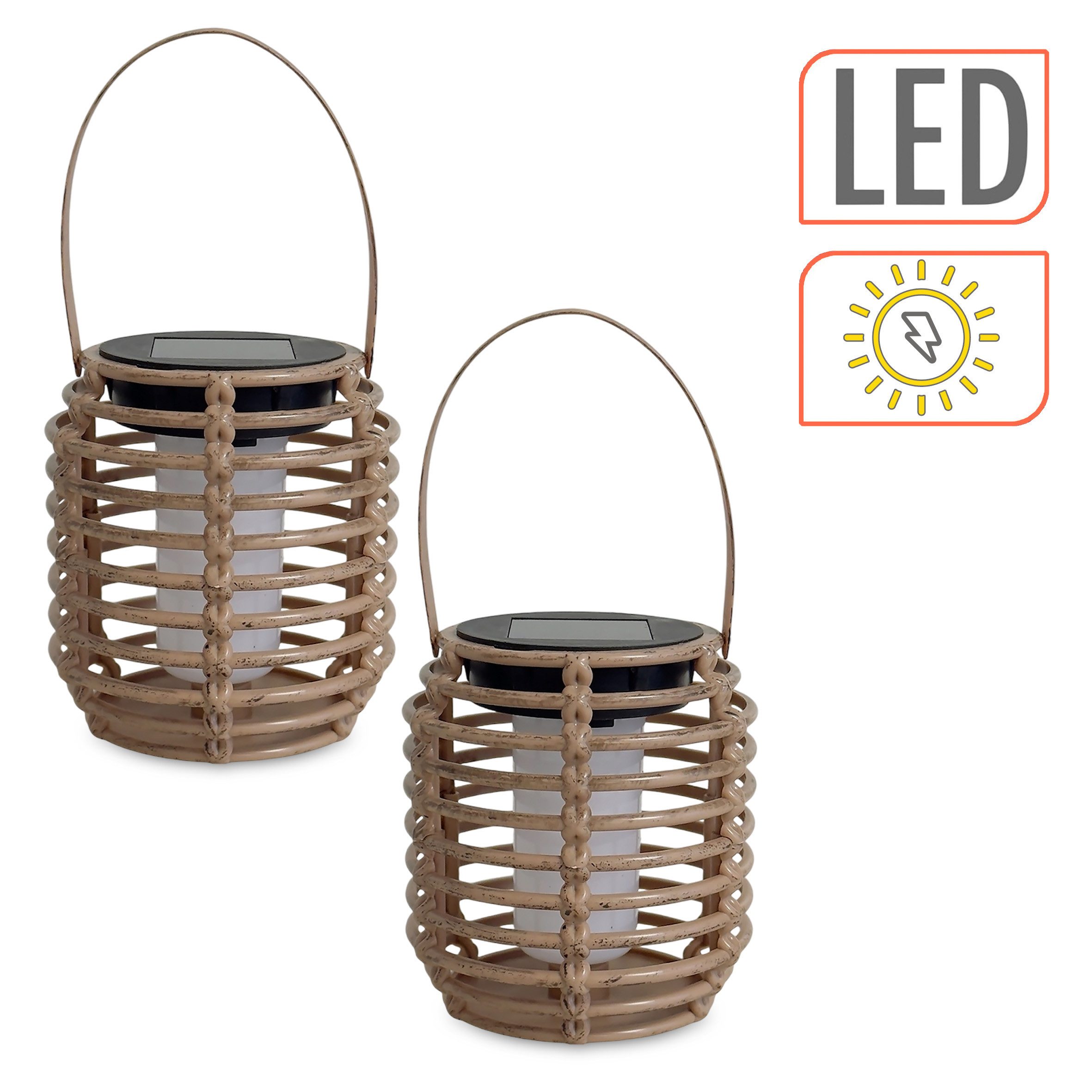 Spetebo LED Windlicht Mini Solar Leuchte in Rattan Optik - 11 x 10 cm - 2er Set, Solar betrieben, LED fest integriert, orange (feuerfarben), zum Hängen oder Stellen