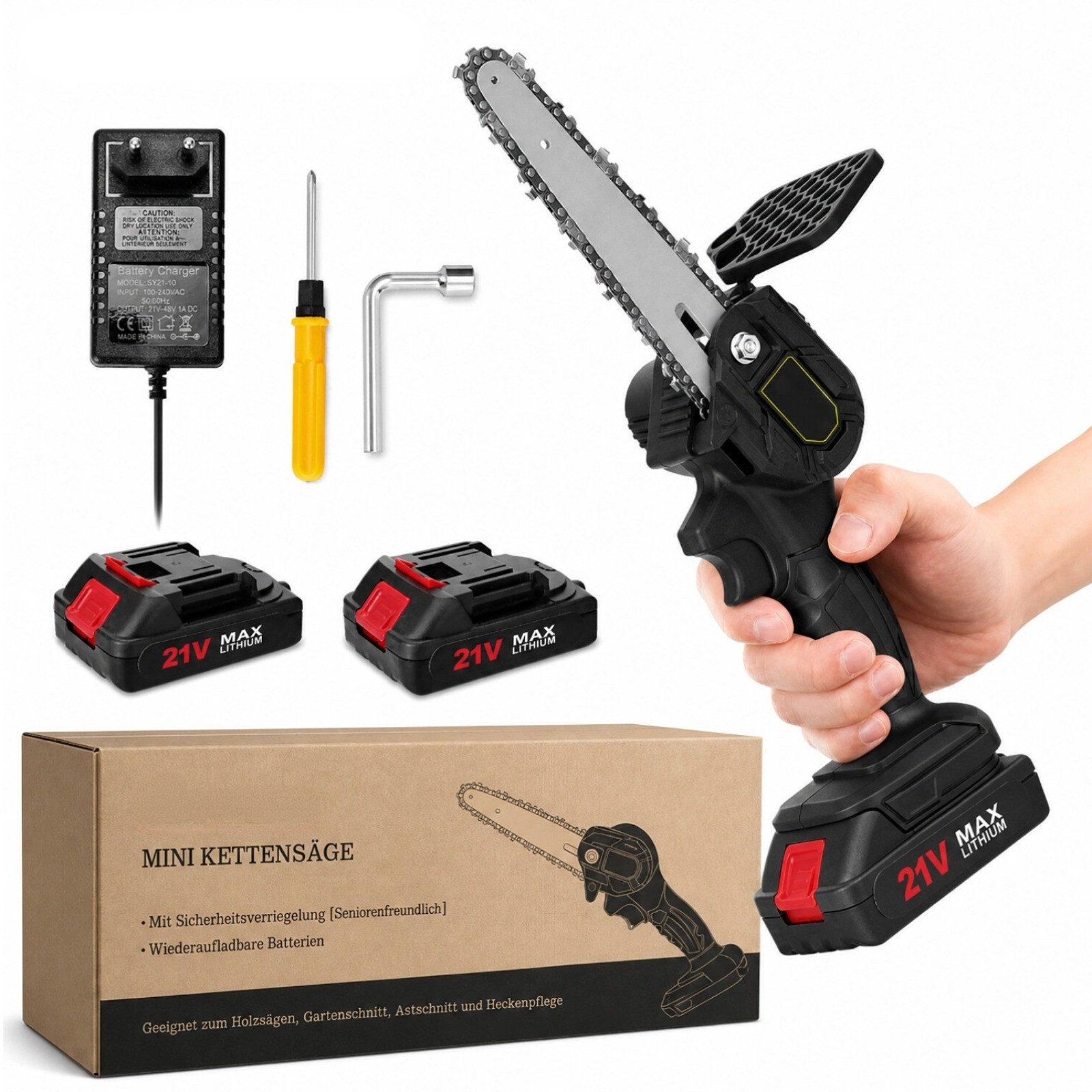 GARRYFIZH Akku-Säge Akku Säge,6 Zoll Mini Kettensäge Akku Astsäge Kleine Akku Kettensäge, 2 Batterien 21 V Kabelloses Design