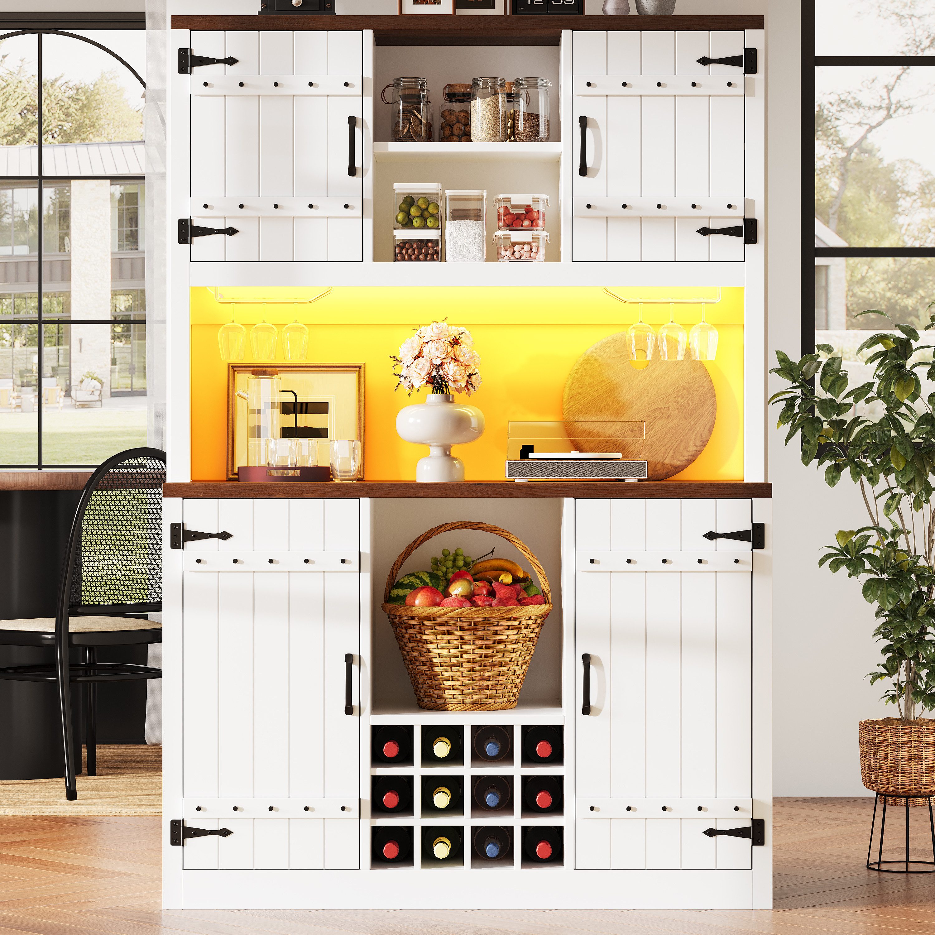 Ulife Hochschrank im Scheunentor-Stil mit RGB-LED-Beleuchtung, Küchenbuffet 180cm (1-St) Aufbewahrungsschrank mit Weinregal & gemischtem Stauraum