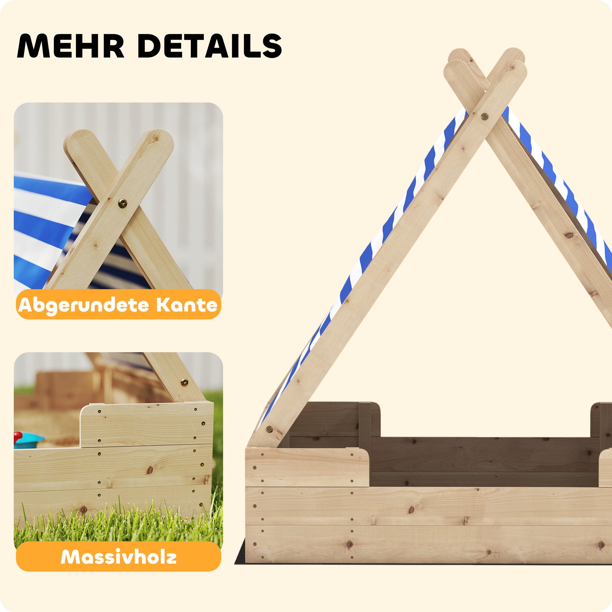 AIYAPLAY Sandkasten Sandkiste für Kinder, (mit wetterfestem Zeltdach, 1-tlg., für 3 Kinder im Alter von 3-6 Jahren), 120 x 120 x 126,5 cm, Tannenholz