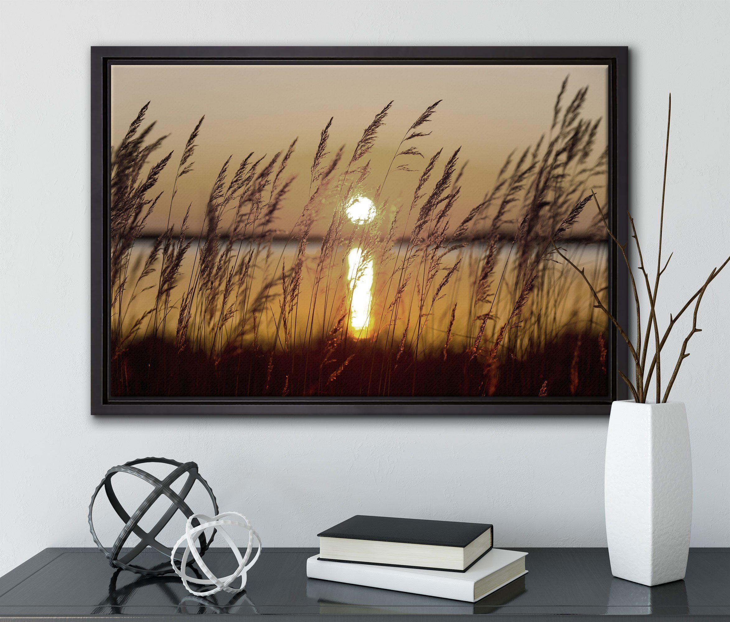 Sonnenuntergang, bespannt, Gräser Wanddekoration (1 Leinwandbild Pixxprint fertig St), bei einem Schattenfugen-Bilderrahmen Zackenaufhänger in gefasst, Leinwandbild inkl.