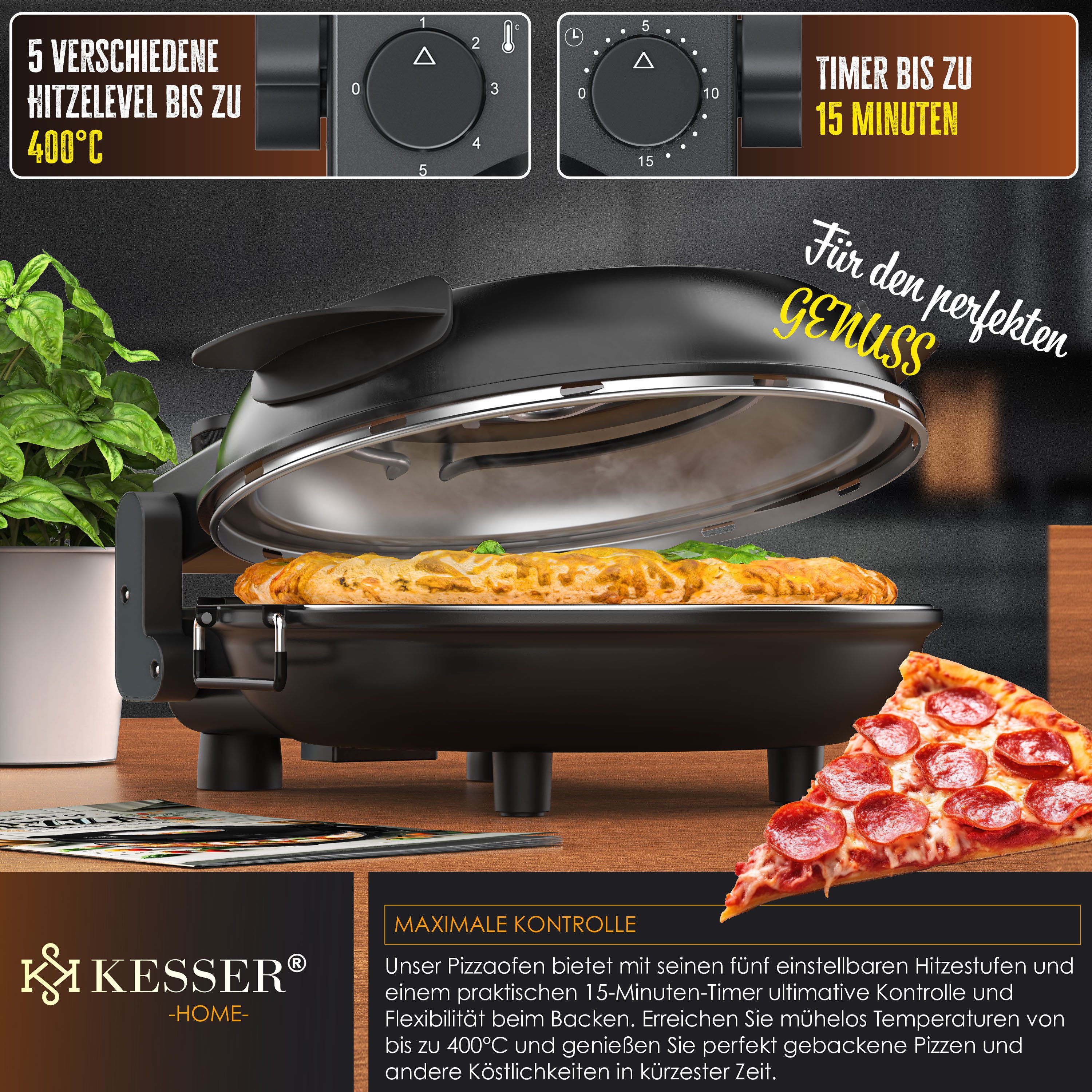 KESSER Pizzaofen 400°C mit feuerfestem Pizzastein ⌀32cm & 5 Heizstufen Steinofen Pizza, 1200W Elektrischer Pizzabäcker mit Timer, Pizzaschneider & Rezeptbuch