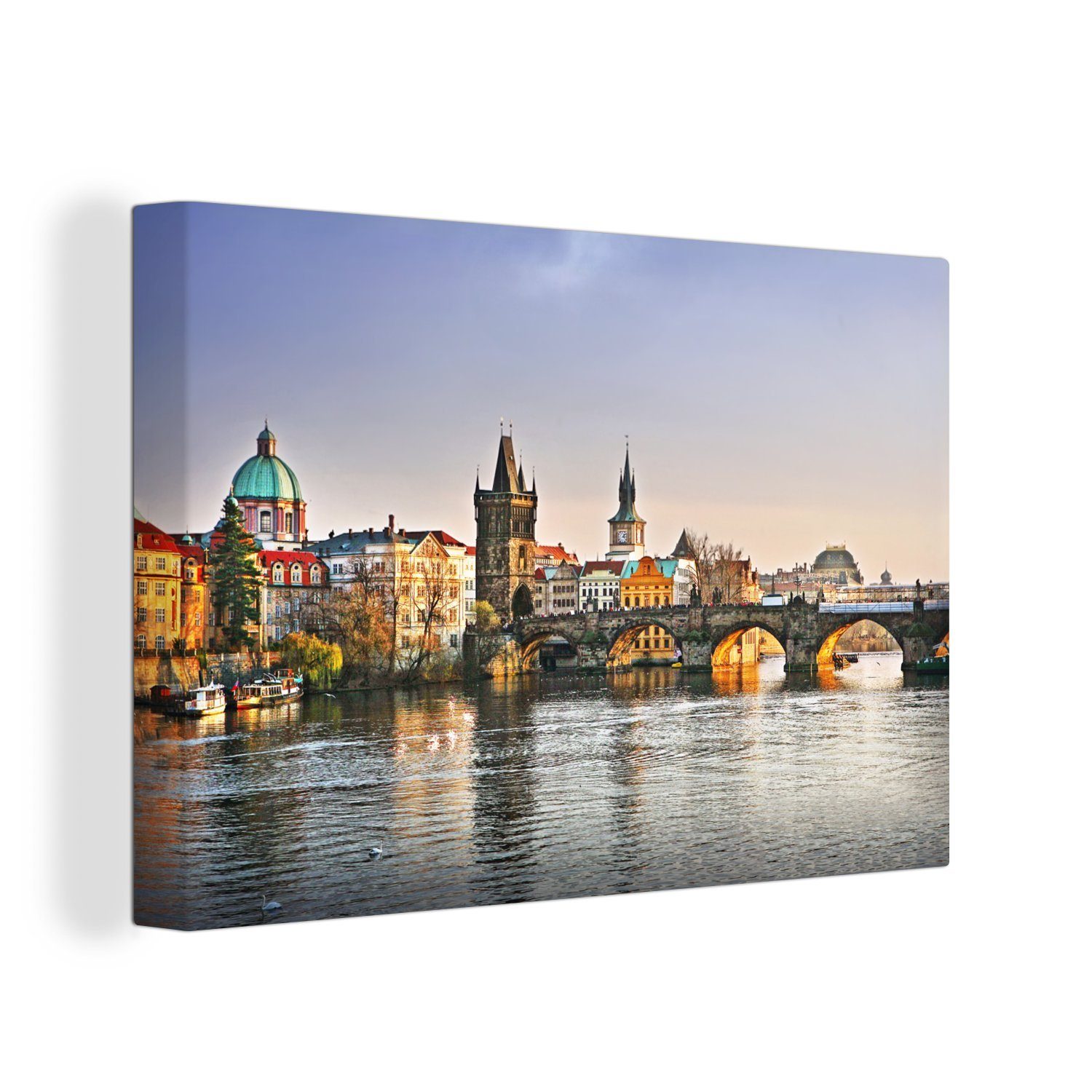 die OneMillionCanvasses® Wanddeko, (1 Moldau, Blick über cm auf Leinwandbild 30x20 Leinwandbilder, die St), Aufhängefertig, Karlsbrücke Wandbild