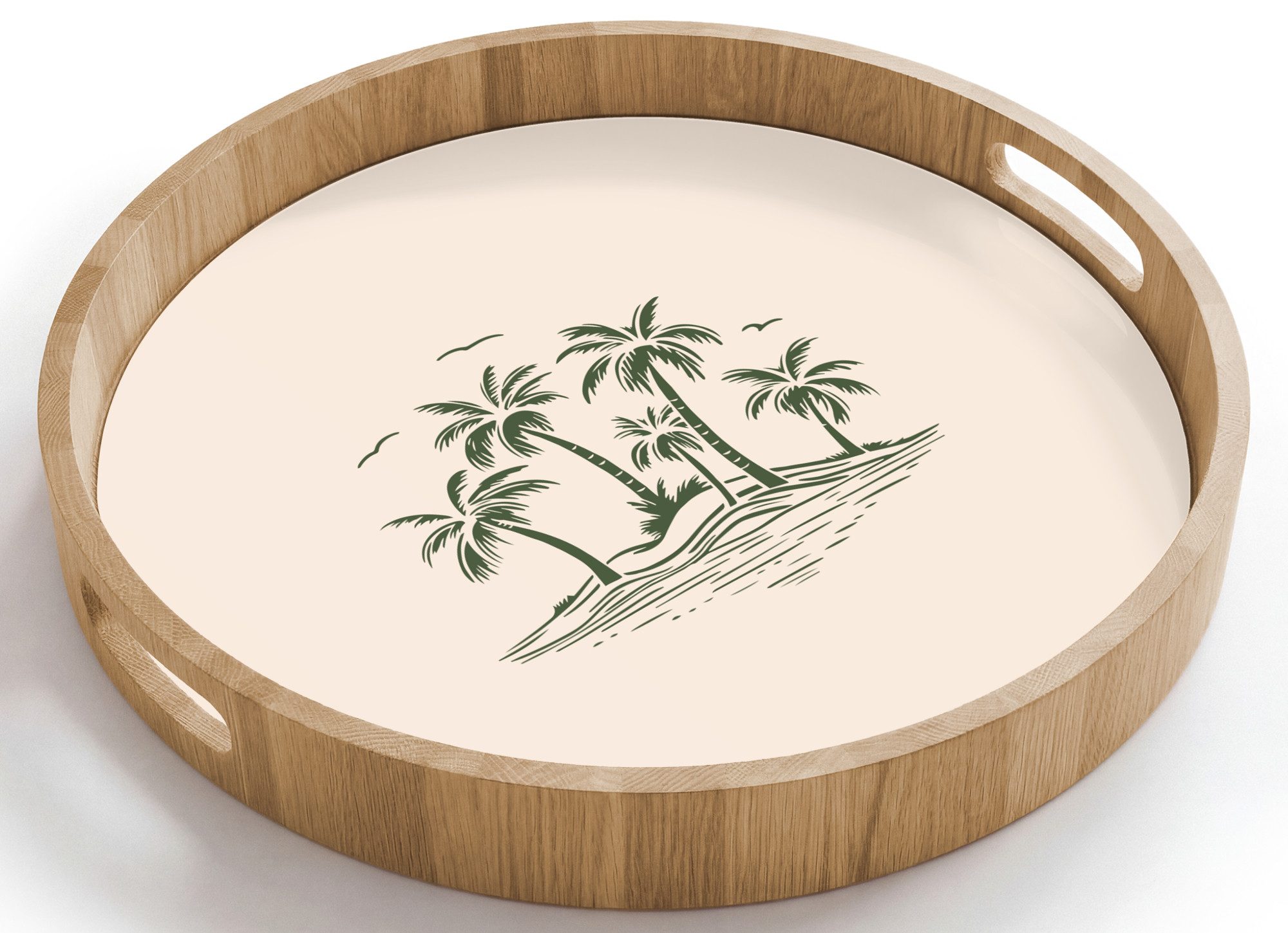 OnlyWow Tablett Rund mit Henkel Palmen - Strand - Beige - Grün - Tropisch, Eichenholz, (1-tlg), Siervierplatte, Tray, Frühstücksbrett