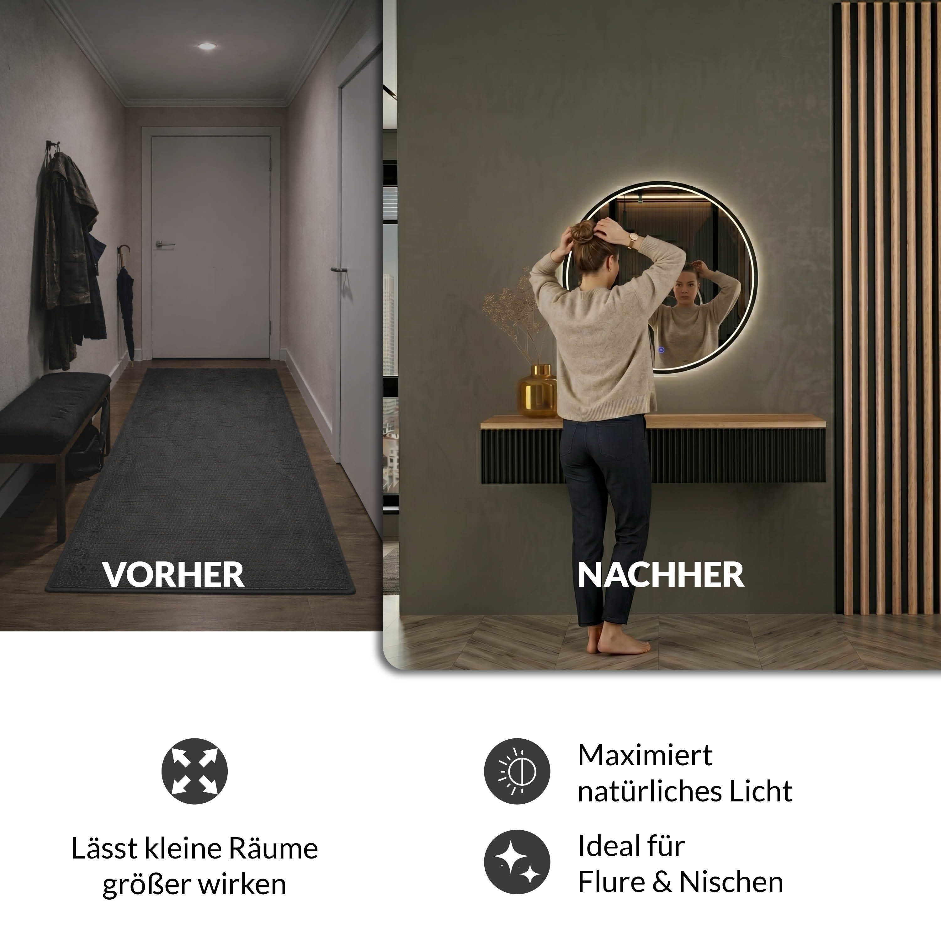 Planetmöbel Konsolentisch AMYRA Flurtisch 100 cm, VELUNA Spiegel mit Beleuchtung 60 - 100 cm (Konsolentisch 100 cm, 2-St., inkl. Spiegel mit Beleuchtung rund 60x60 cm), Wandkonsole & Wandspiegel Flur Set