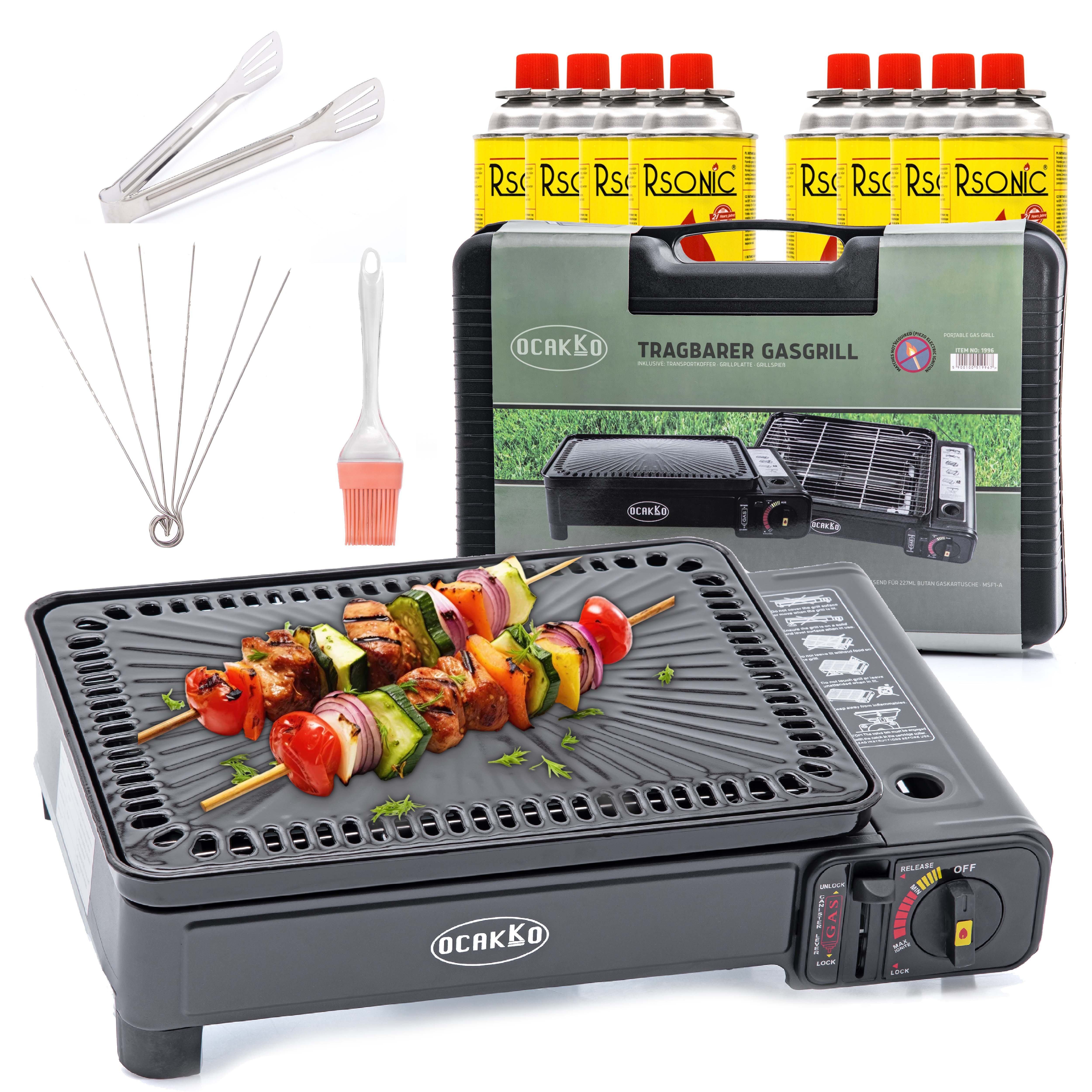 TruWare Camping-Gasgrill für Kartuschen und Gasflaschen Camping Gaskocher mit Rost, Grillplatte + Schaschlikspieße, Campinggrill mit 8 Gaskartuschen