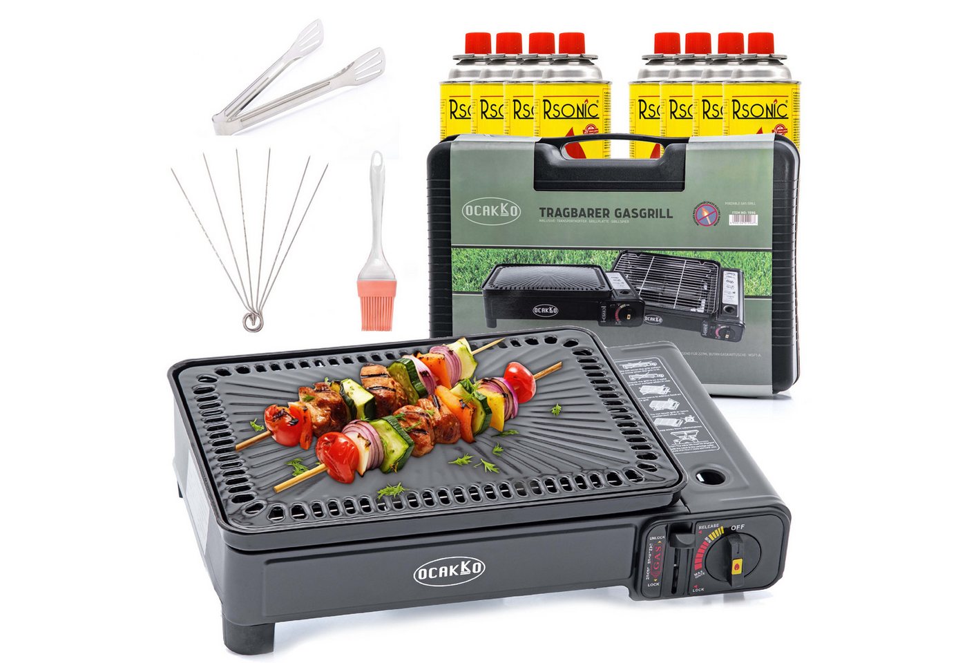 TruWare Camping-Gasgrill für Kartuschen und Gasflaschen Camping Gaskocher mit Rost, Grillplatte + Schaschlikspieße, Campinggrill mit 8 Gaskartuschen