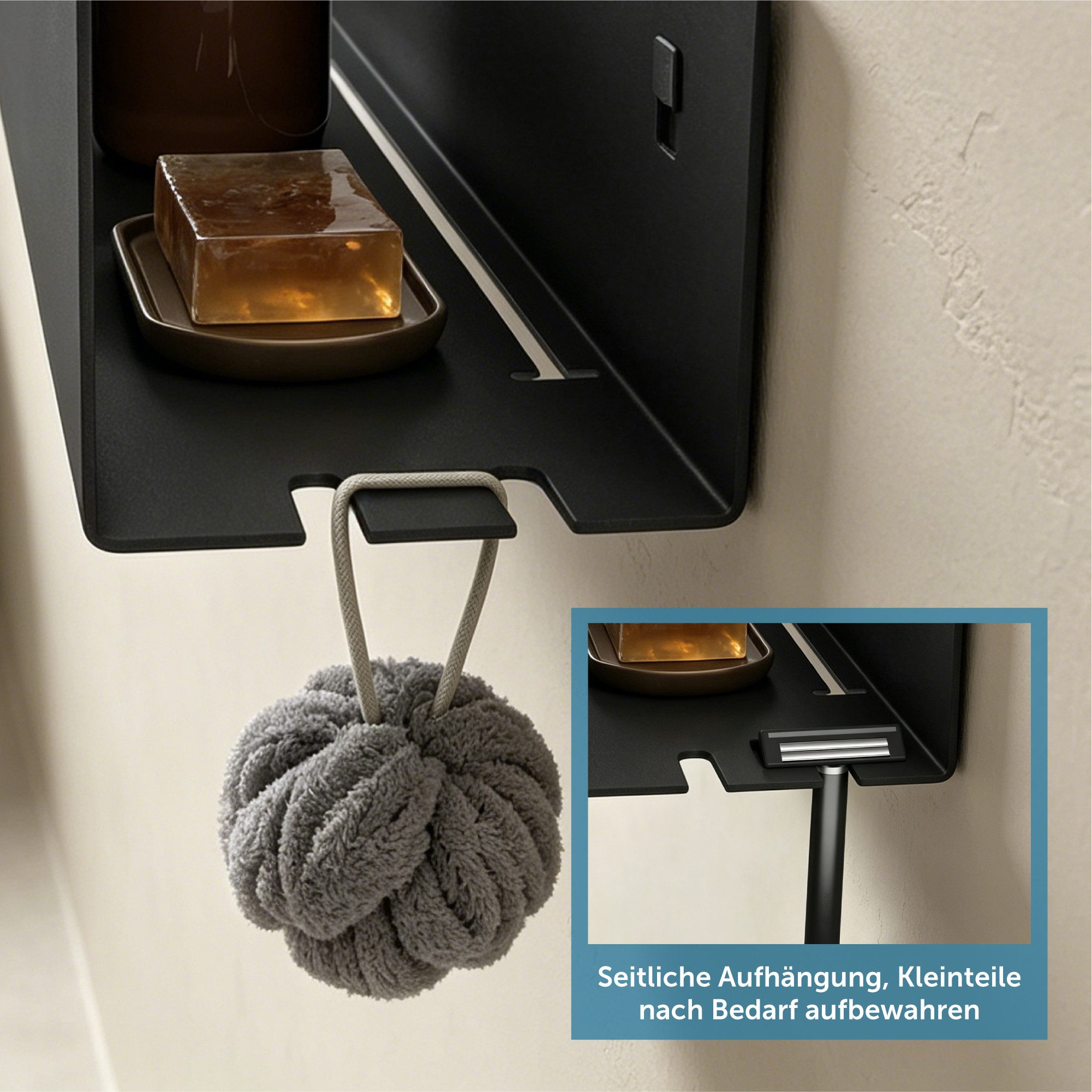 doporro Duschablage Duschregal Wandregal 40cm mit 2 Haken aus Carbonstahl Reglo-18, Offene Drainagestruktur,erhöhter Schutzrand,2 abnehmbare Haken – Bild 4 von 5