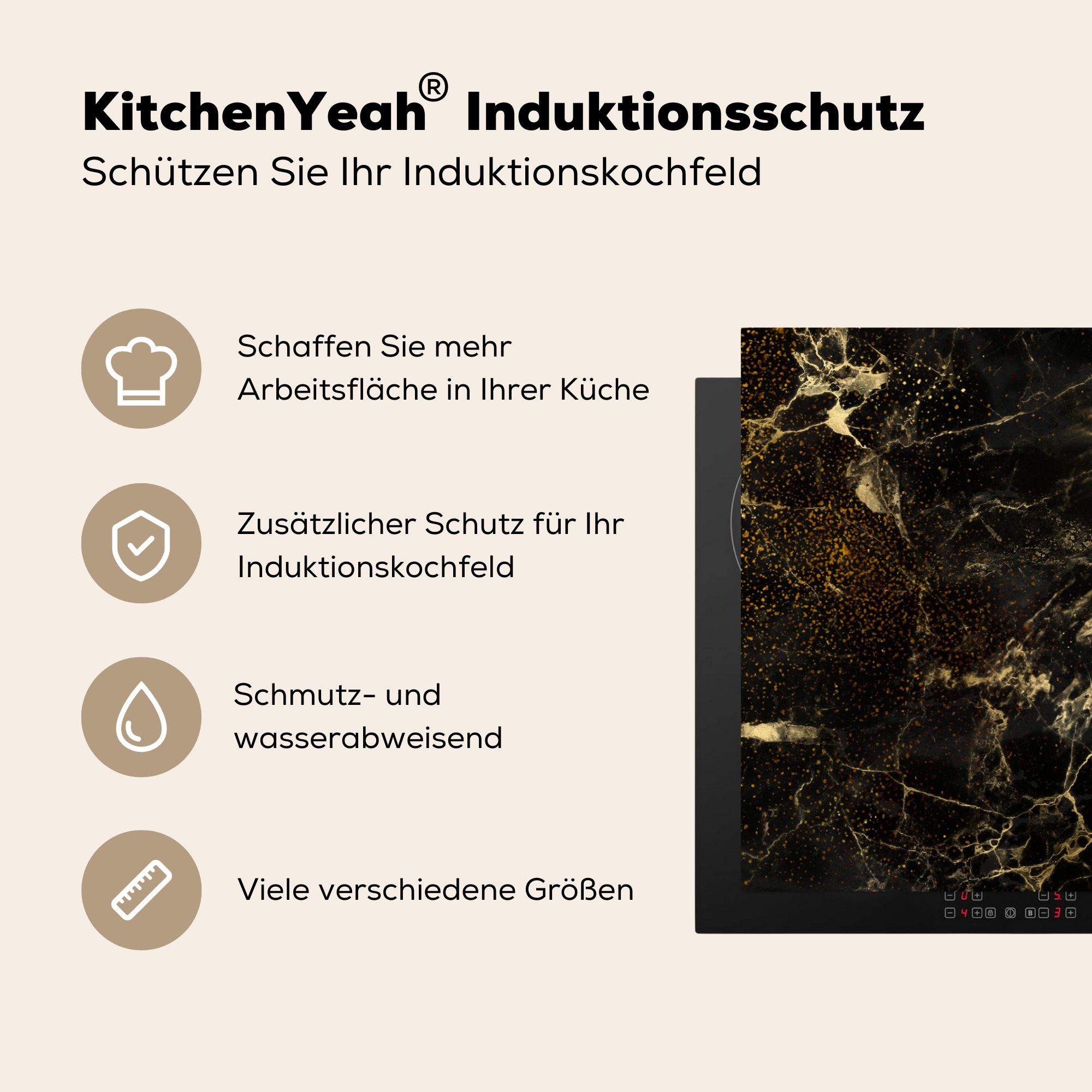 tlg), Schutz Vinyl, (1 - MuchoWow Ceranfeldabdeckung die 81x52 Herdblende-/Abdeckplatte Gold, für Marmoroptik Schwarz cm, Induktionskochfeld - küche,