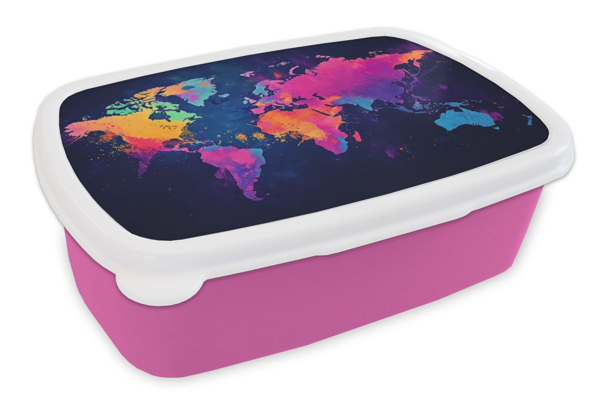 MuchoWow Lunchbox Weltkarte - Bunt - Graffiti, Kunststoff, (2-tlg), Brotdosen, Lunch Box, Brotbox für Kinder und Erwachsene