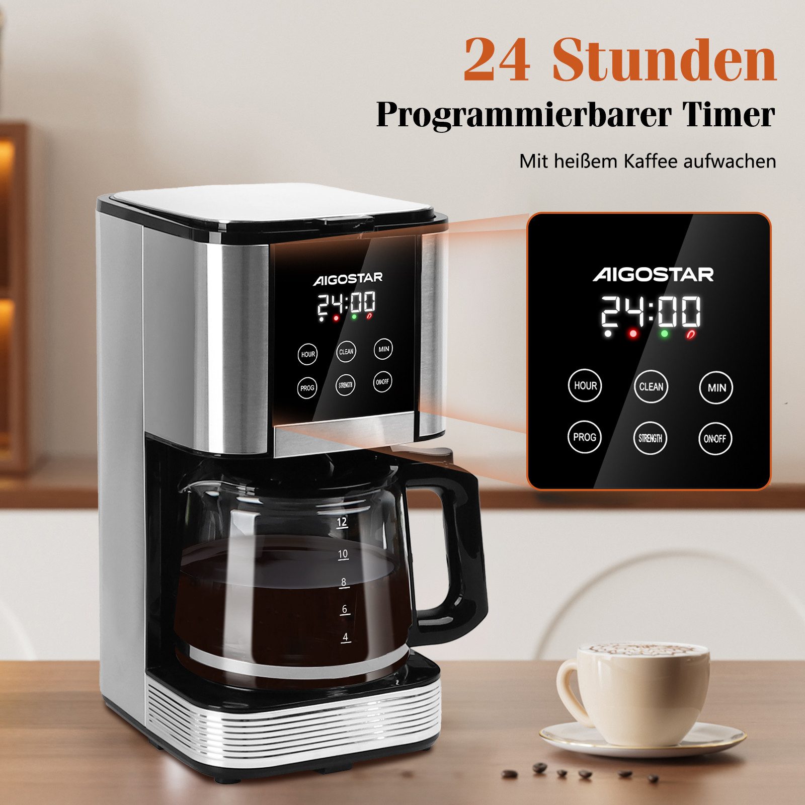 Aigostar Filterkaffeemaschine 1000W, 1,5L Wassertank/14-Tassen, Programmierbar 24H, Tropf-Stopp, AutoClean, 1.2l Kaffeekanne, Korbfilter, 1,5L Wassertank, 1000W, LCD-Display, Intensitätseinstellung