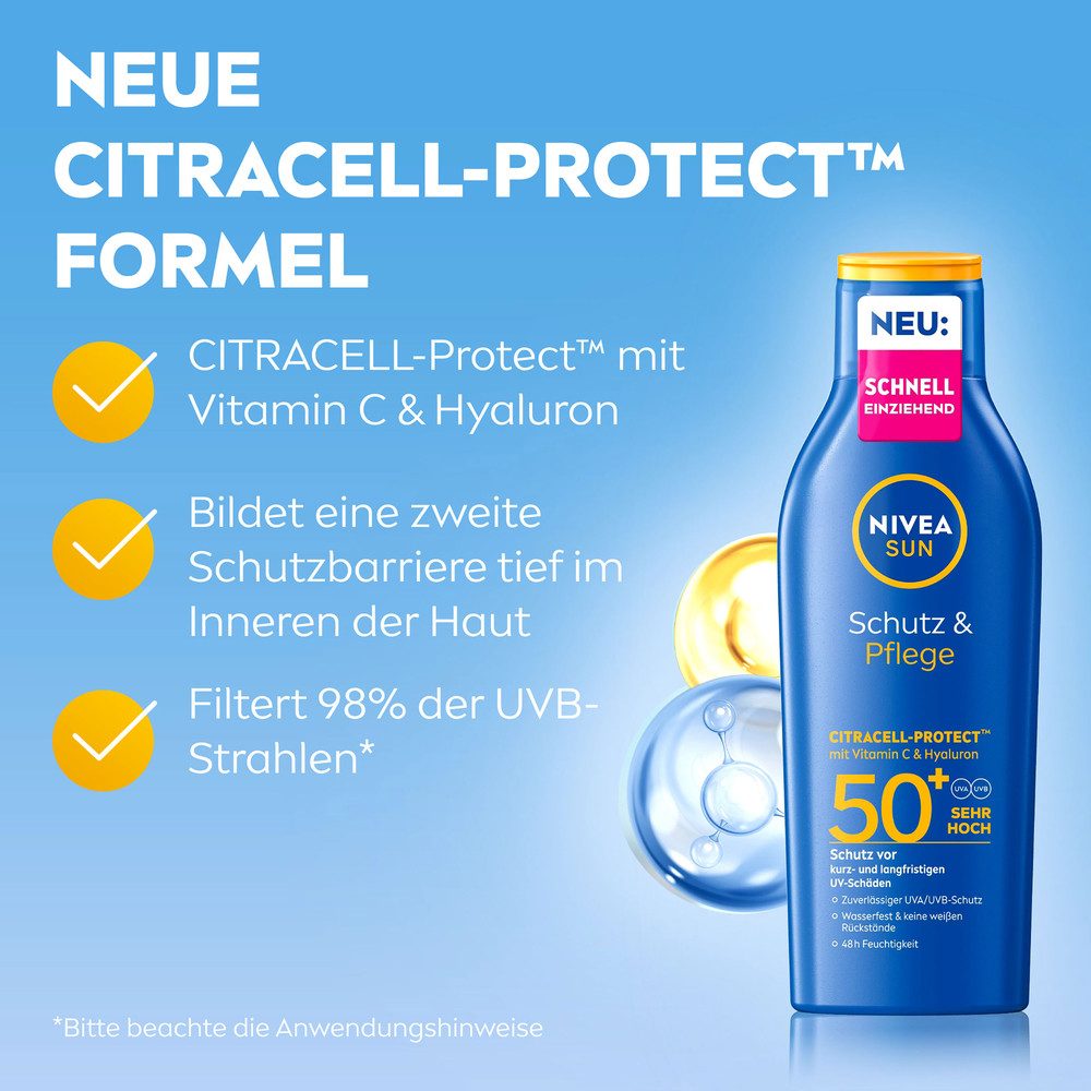 Nivea Sun Sonnenschutzlotion Schutz & Pflege Lotion LSF50+ mit Labello Sun Gratis, 2-tlg., mit Vitamin C & Hyaluron für doppelten Zellschutz