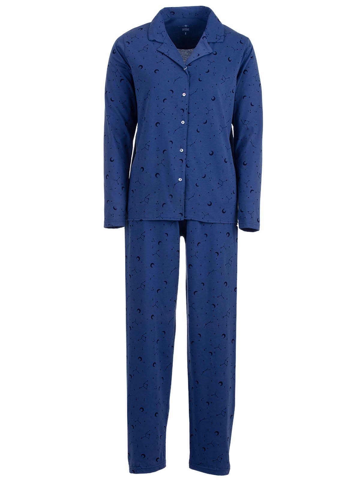 zeitlos Schlafanzug Pyjama Set Langarm - Mond Sterne blau