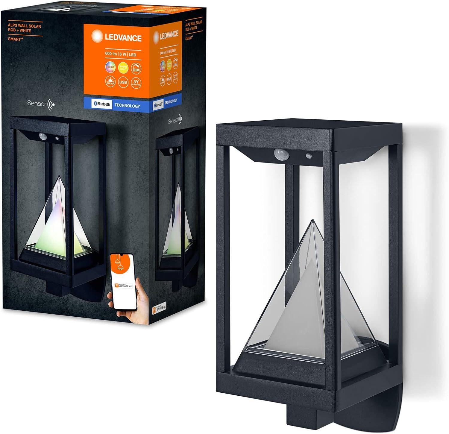 Ledvance LED Außen-Wandleuchte SMART+ Outdoor Bluetooth Solar-Wandleuchte warmweiß USB-C Außenlampe, LED fest integriert, Weiß, RGB, ‎Bewegungssensor, Dimmbar