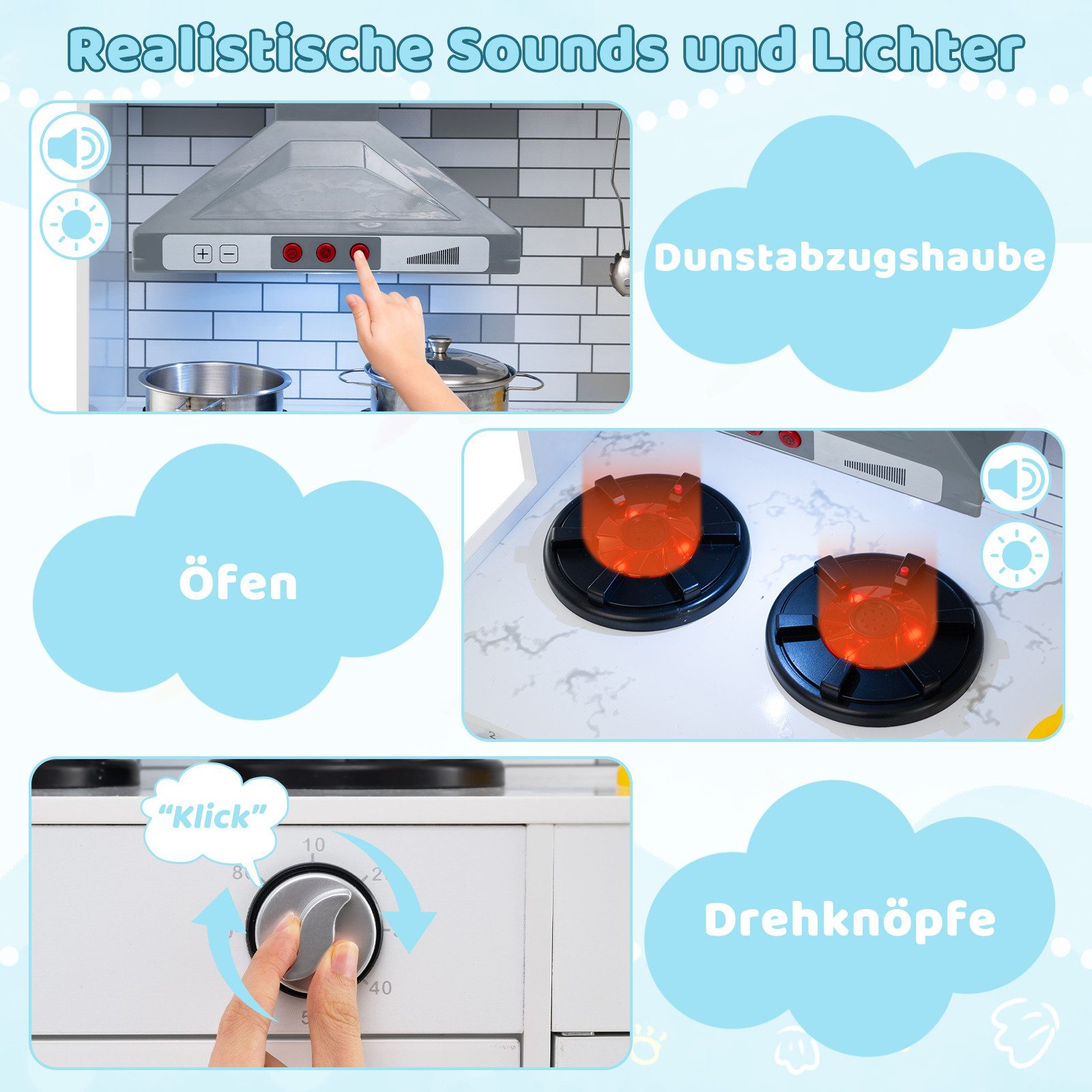 COSTWAY Spielküche Holz, Mit interaktiven Funktionen, Stauraum & Zubehör