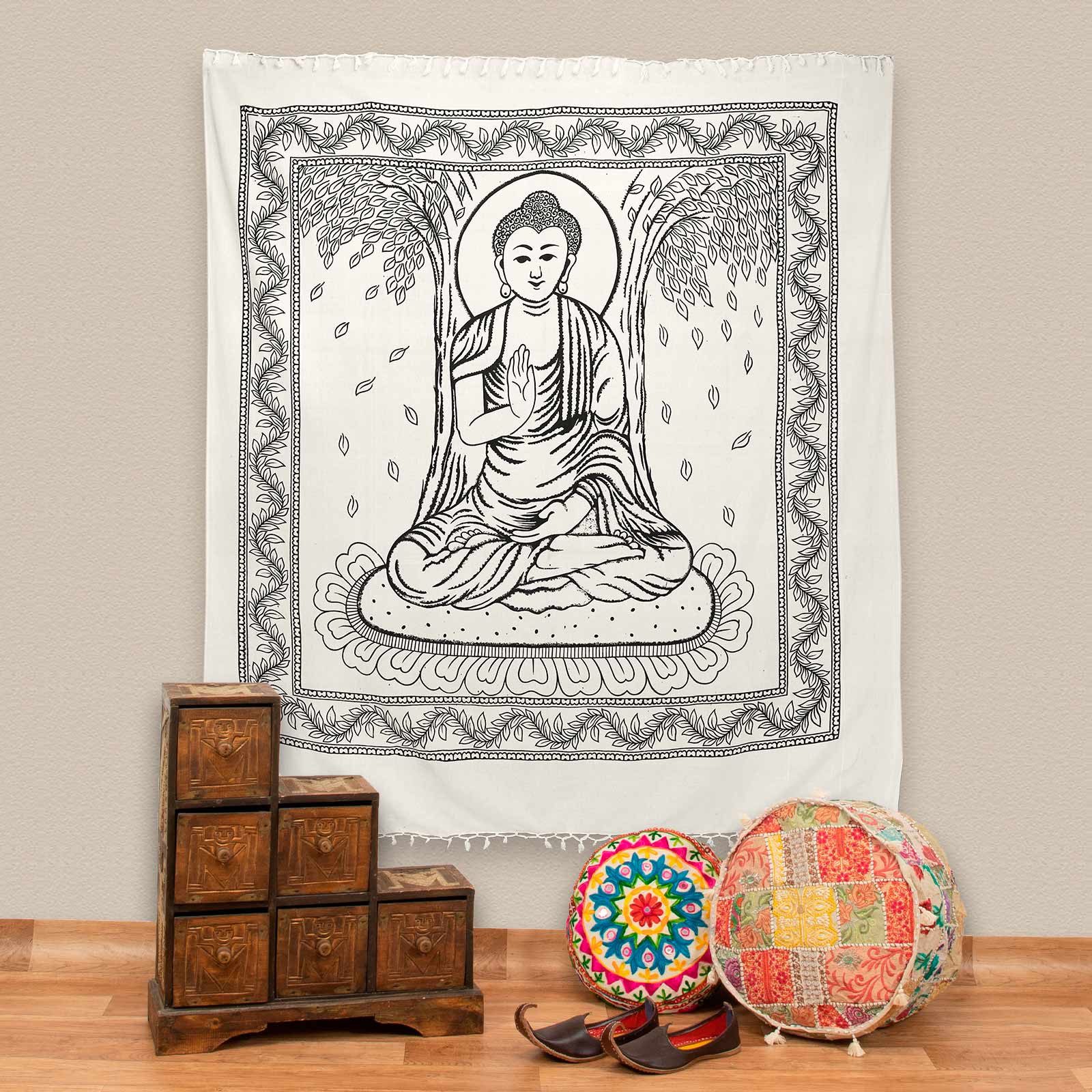 KUNST UND MAGIE Wandteppich Buddha Dekotuch Große Tagesdecke Wandbehang Tuch Goa ca. 210 x 255 cm