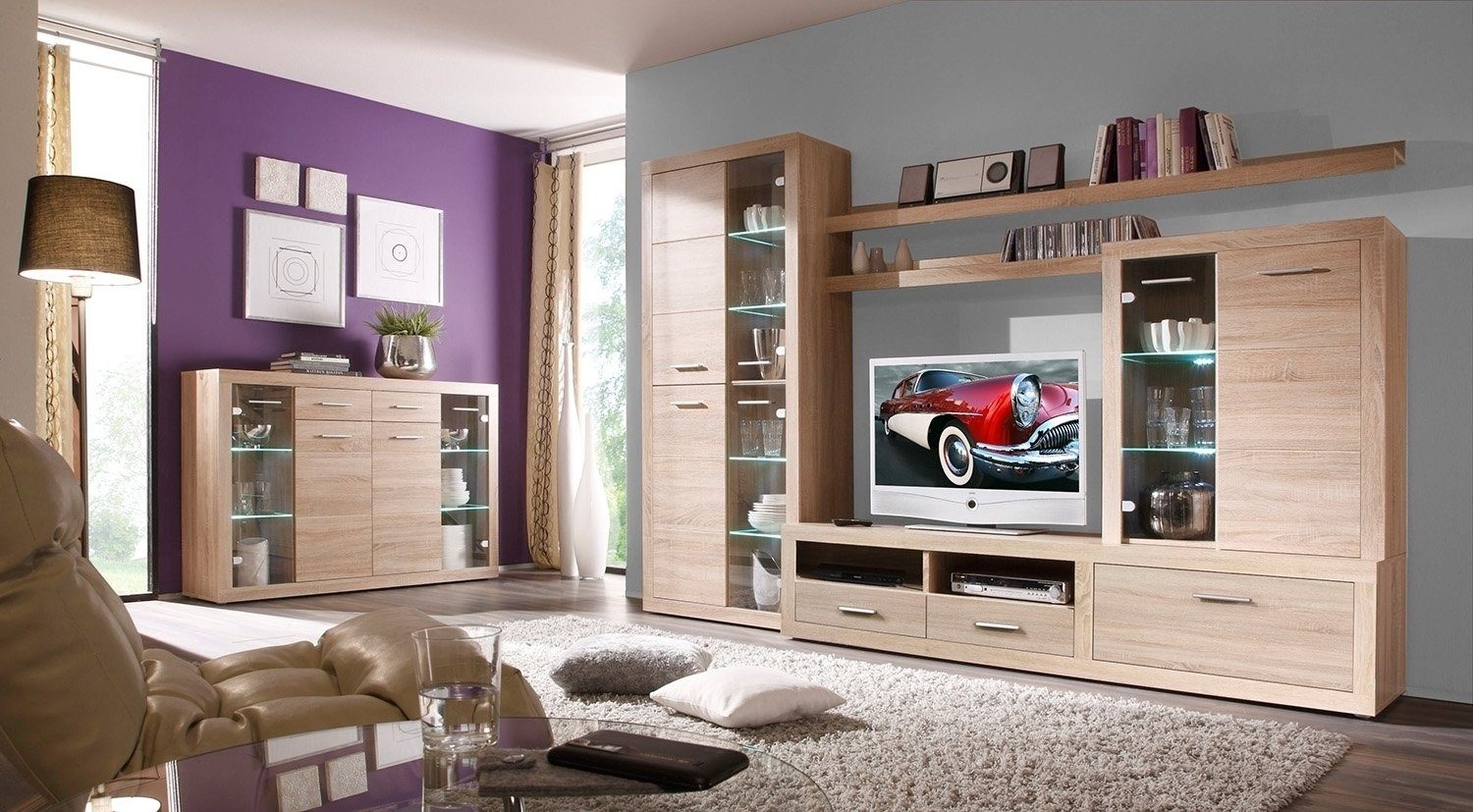 Wohnwand CAN CAN, Eiche Sonoma Dekor, mit Glastüren, (5-St), mit LED-Glasbo günstig online kaufen