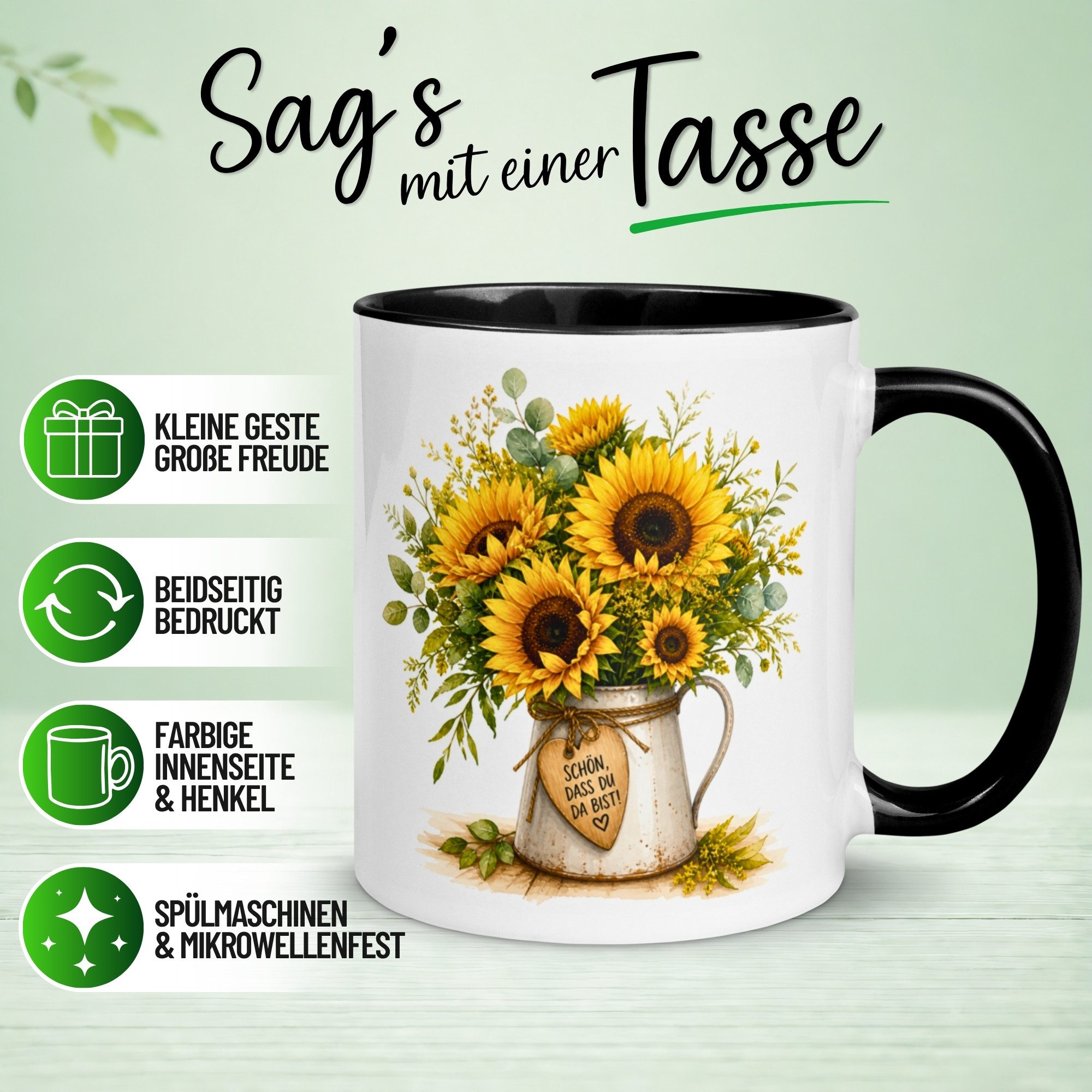 Momentals Tasse Danke – „Sonnenblumen - Schön dass du da bist“ – Dankeschön Geschenke, Gratis Versand · Links-&Rechtshänder · Spülmaschinenfest