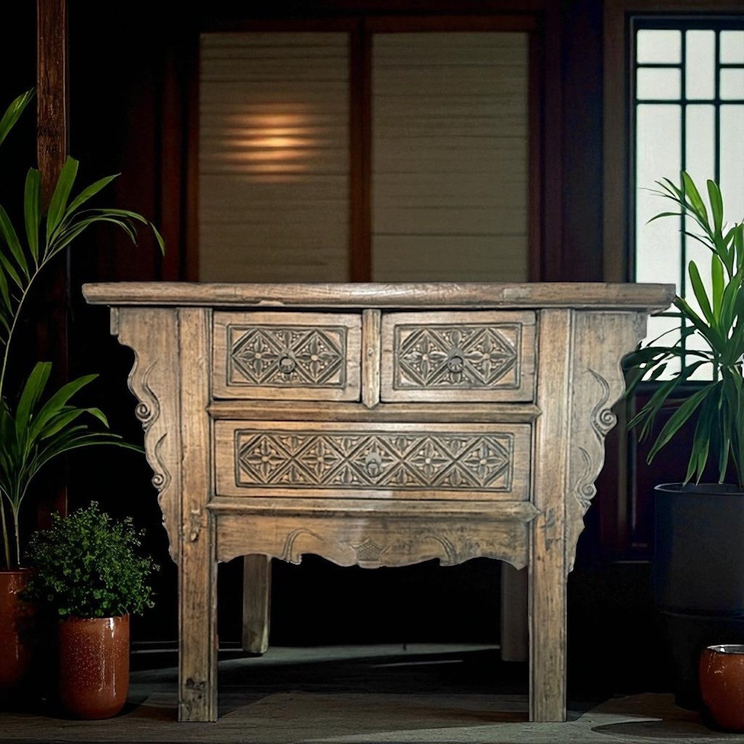 OPIUM OUTLET Konsolentisch Antiker chinesischer Massivholz-Konsolentisch Wandtisch braun (Unikat, Asia Möbel komplett montiert, asiatisch chinesisch orientalisch vintage), Telefontisch mit Schubfächern (B x T x H: 100 x 44 x 85 cm)