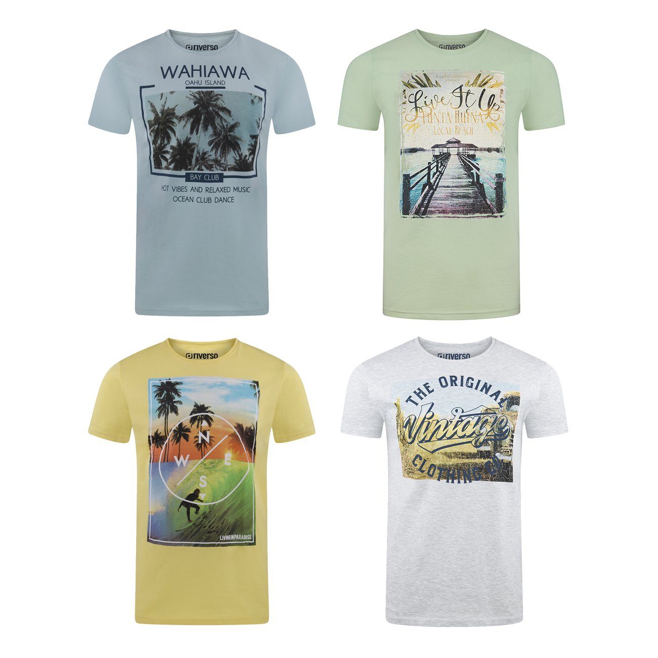 riverso T-Shirt Herren Printshirt RIVLukas 4er Pack Regular Fit (Vorteilspack, 4-tlg) Kurzarm Tee Shirt mit Rundhalsausschnitt aus 100% Baumwolle