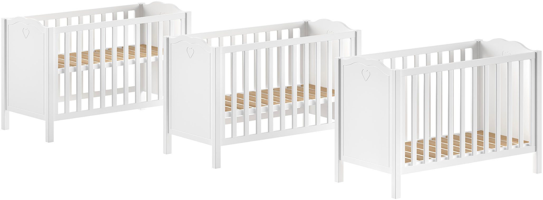 Vipack Babybett Amori 60/120 mit verstellbarem Lattenrost, sehr stabil gebaut, mit geschwungenem Kopfteil und Herz Ornament, weiß lackiert