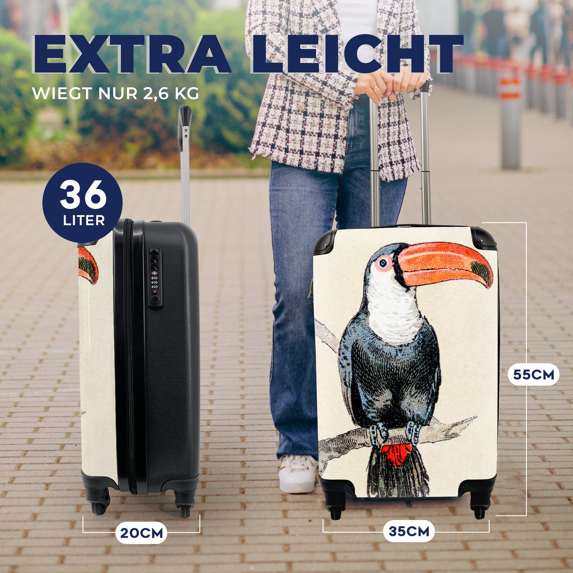 MuchoWow Handgepäckkoffer Eine Reisekoffer Handgepäck eines Reisetasche Trolley, Ferien, Tukans, für Illustration mit 4 bunte rollen, Rollen