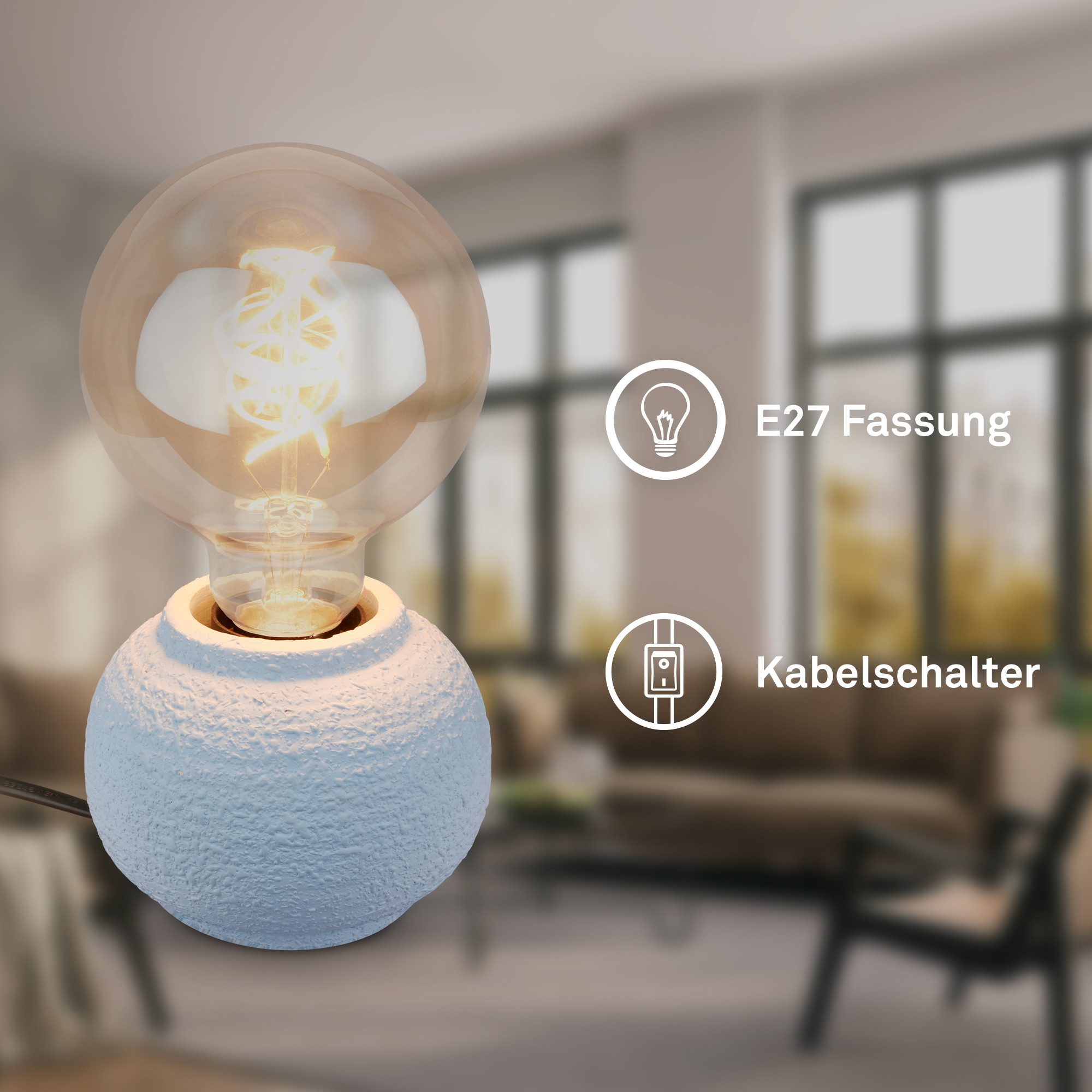 Briloner Leuchten LED Tischleuchte Tischlampe Keramik Kabelschalter für E27 Wohnzimmer Kommode Flur, ohne Leuchtmittel, Abhängig vom Leuchtmittel, 10x8 cm, Wohnzimmer, Schlafzimmer, Büro