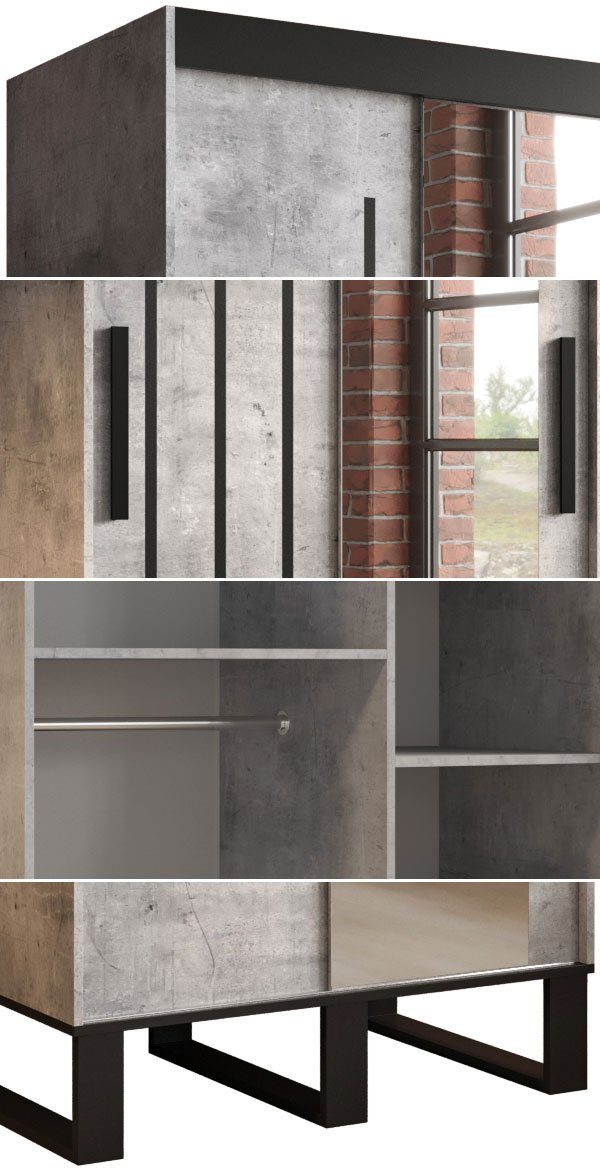 Feldmann-Wohnen Schiebetürenschrank Loft Spiegel / schwarz wählbar beton mit Zierleisten (Loft) Breite und