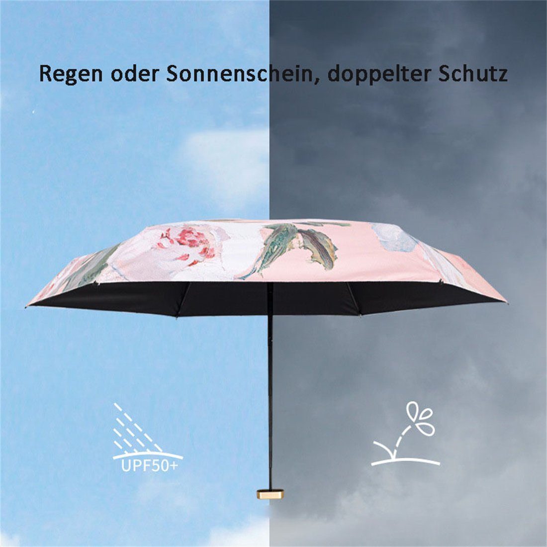 Taschenregenschirm UV-Regenschirm, DÖRÖY winddichter Sonnenschirm, Blumenmuster-Sonnenschirm