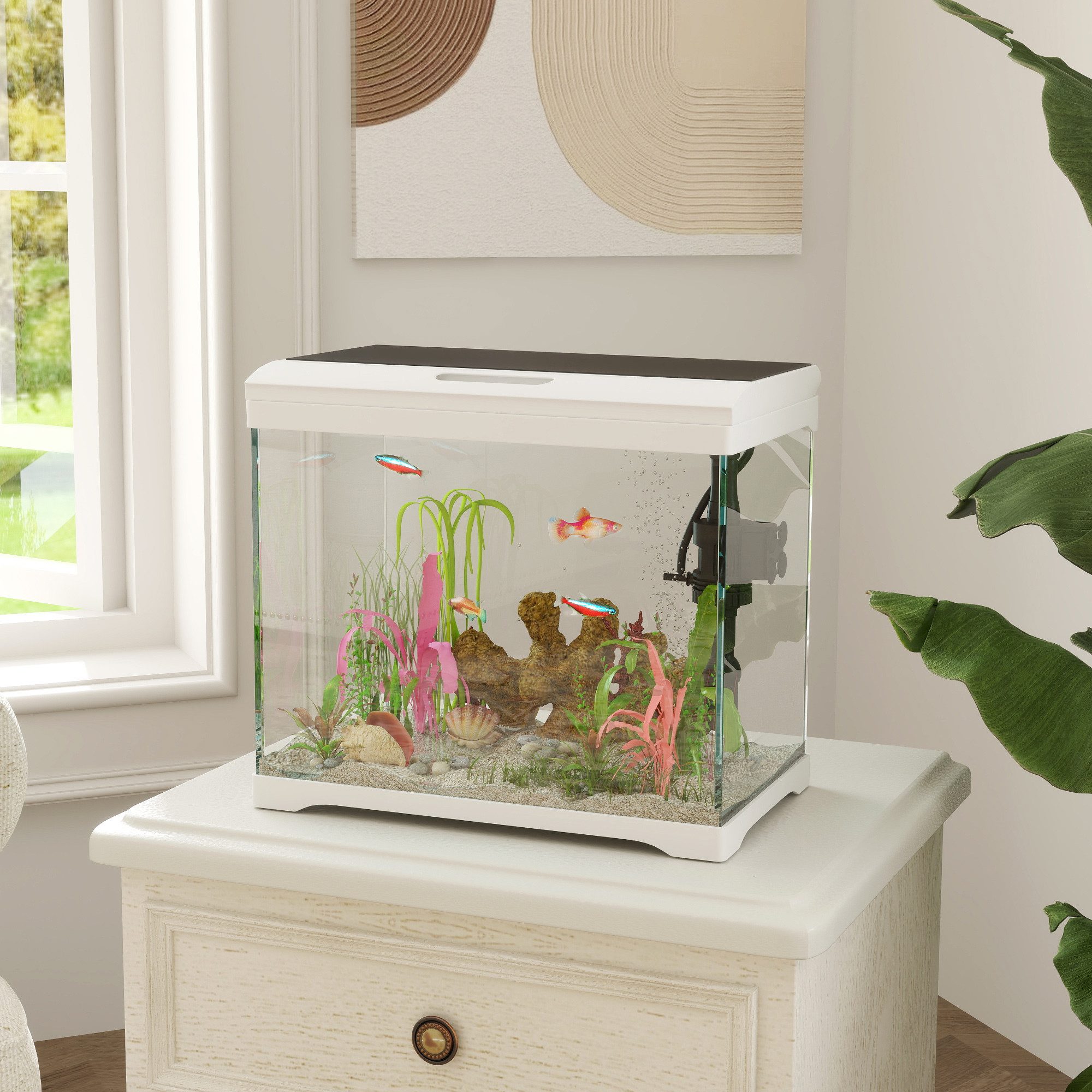 Fine Life Pro Aquarium PawHut Tropenfischaquarium 17L mit LED-Beleuchtung & Filtersystem, Weiß Fischtank mit Wasserpumpe, Ultraklarem Glas, Maße 35x21x31 cm
