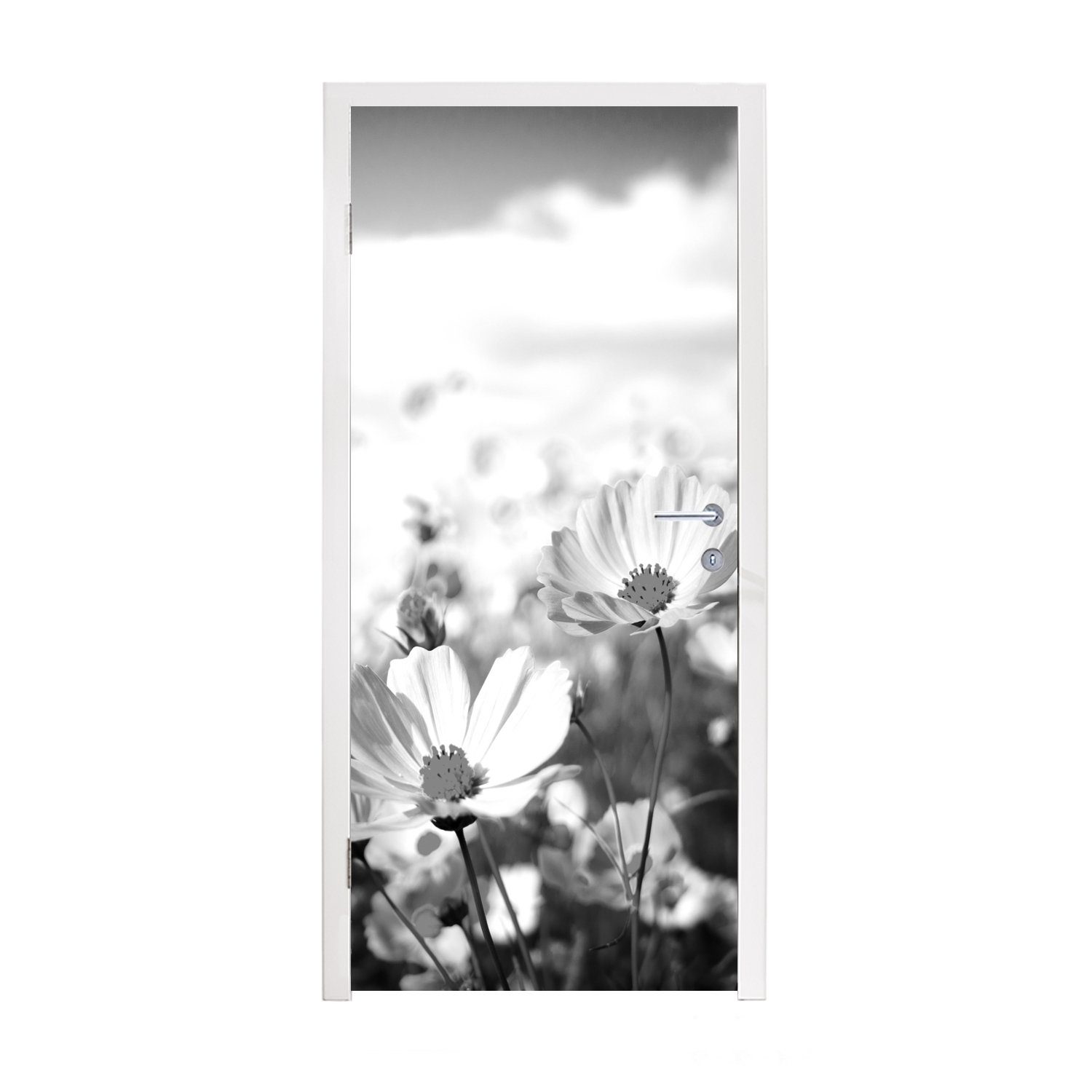 Fototapete Türaufkleber, - Blumen Blau, Wolken bedruckt, - - St), - (1 75x205 Tür, MuchoWow Gras Matt, Wiese Türtapete Weiß cm Lila für - -