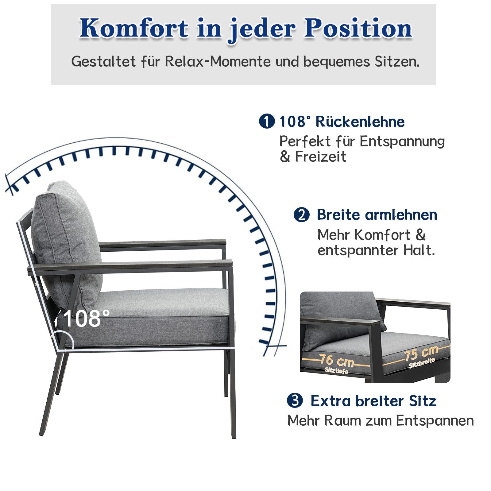 MeXo Gartenlounge-Set Aluminium Balkonmöbel Set mit Esstisch 4 Personen Wetterfest, (einteiliges 10cm Premium-Sitzkissen, 4-tlg., Esstisch 130x66x66cm), Garten-Essgruppe outdoor mit Bequemer Neigung der Lehne
