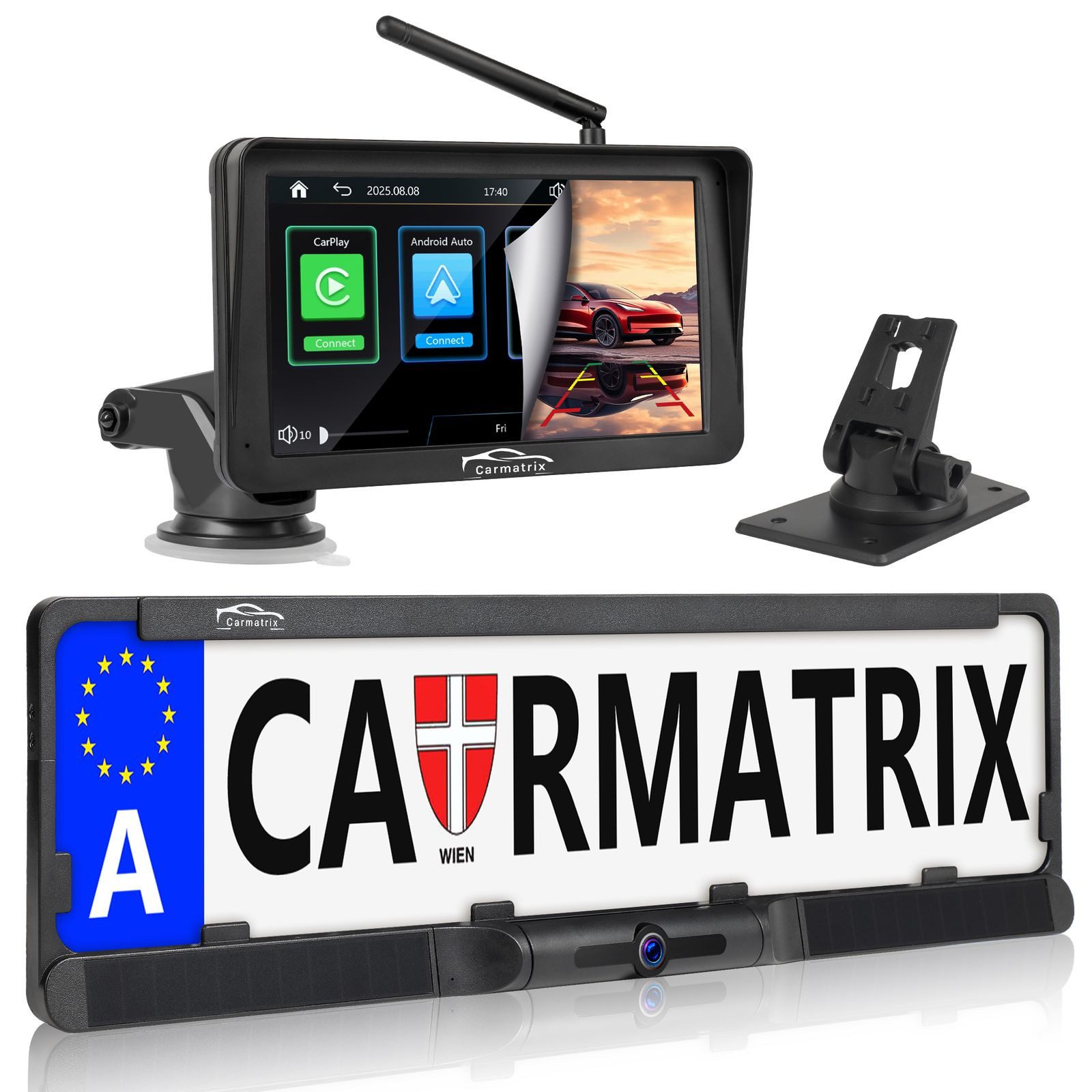 CARMATRIX WA8-7 Rückfahrkamera (HD Solar Funk Video Rückfahrsystem mit CarPlay Android Auto, Rückfahrkamera mit Solarpanel Nummernschild Kennzeichenhalter)