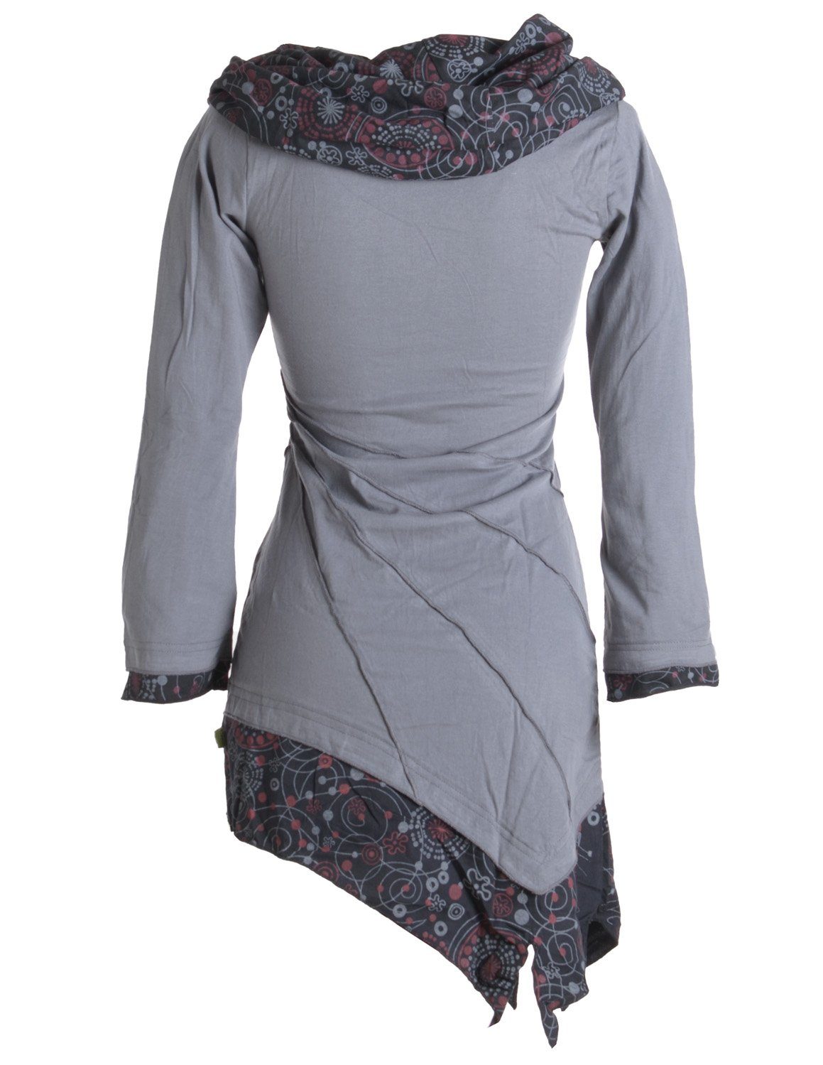 Baumwolle Goa, Boho grau Hippie, Kleid mit Vishes Style Schalkragen aus Ethno, Asymmetrisches Jerseykleid
