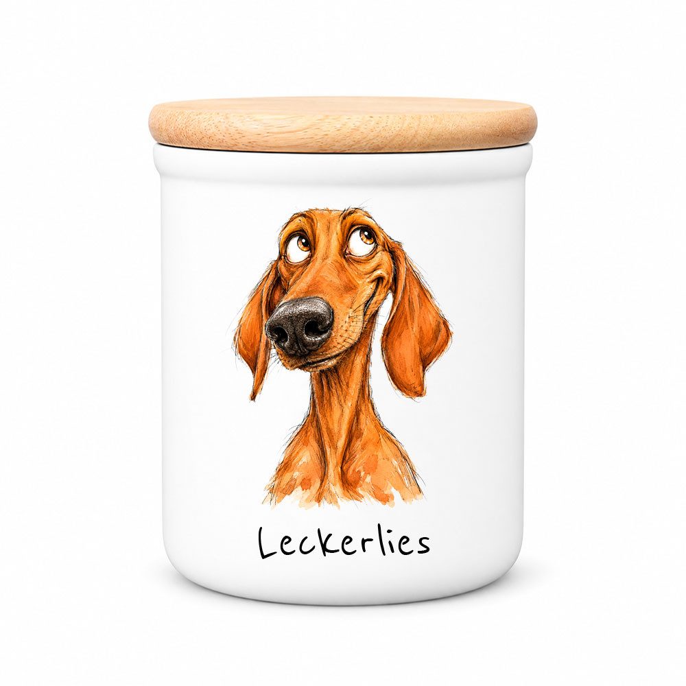 Cadouri Vorratsdose VIZSLA - Leckerlidose Hund - für Hundekekse, Keramik, (Leckerlidose mit Hunderasse, 2-tlg., 1x Keramikdose mit Holzdeckel), Hundekeksdose, handgefertigt in Deutschland, für Hundebesitzer, 400 ml