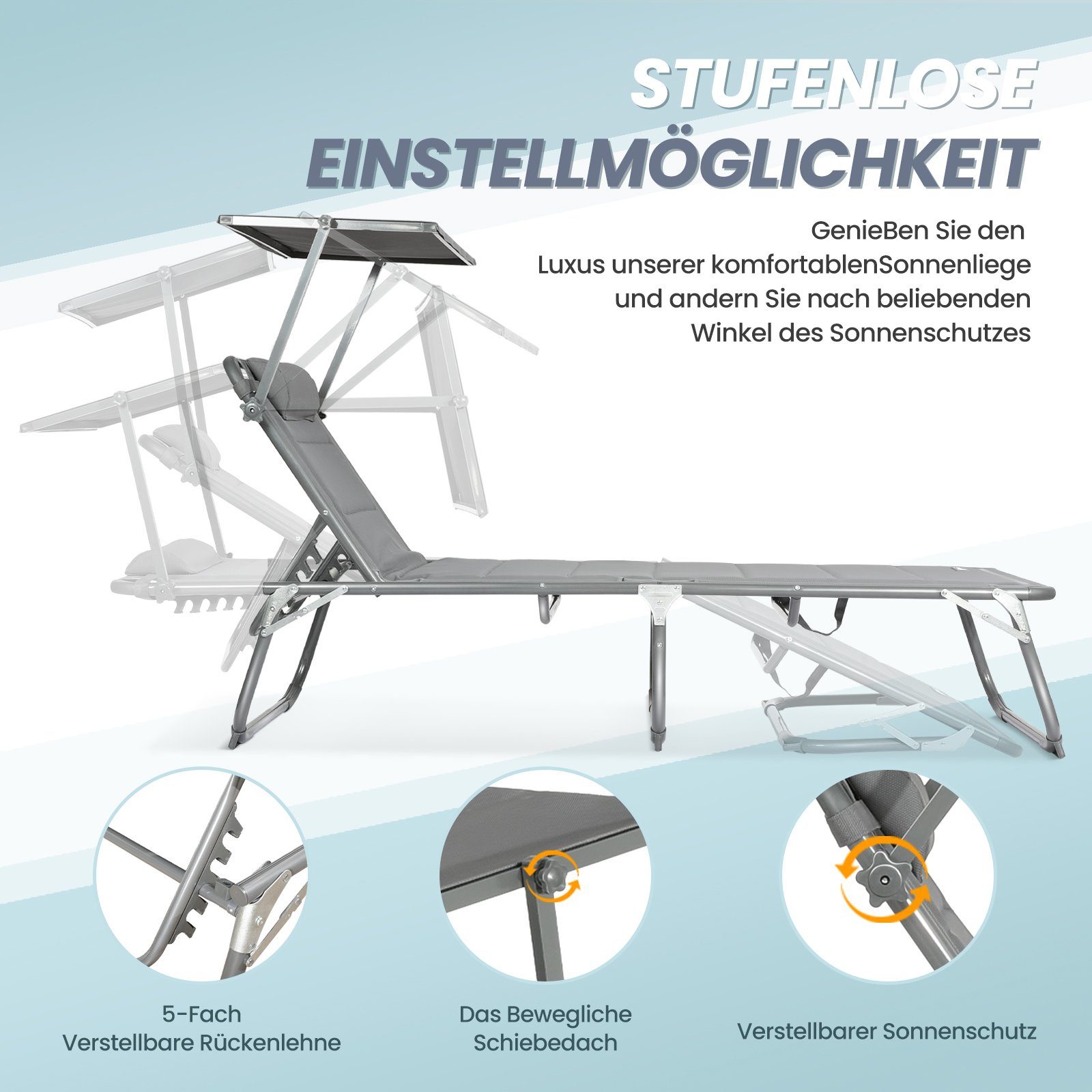 HOMECALL Gartenliege Sonnenliege AluLiege Liegestuhl Strandliege Liegen, klappbar, Textilene Mit Dickem Schwamm, Verstellbare Rückenlehne, Sonnenblende, Kopfpolster, bis 180KG
