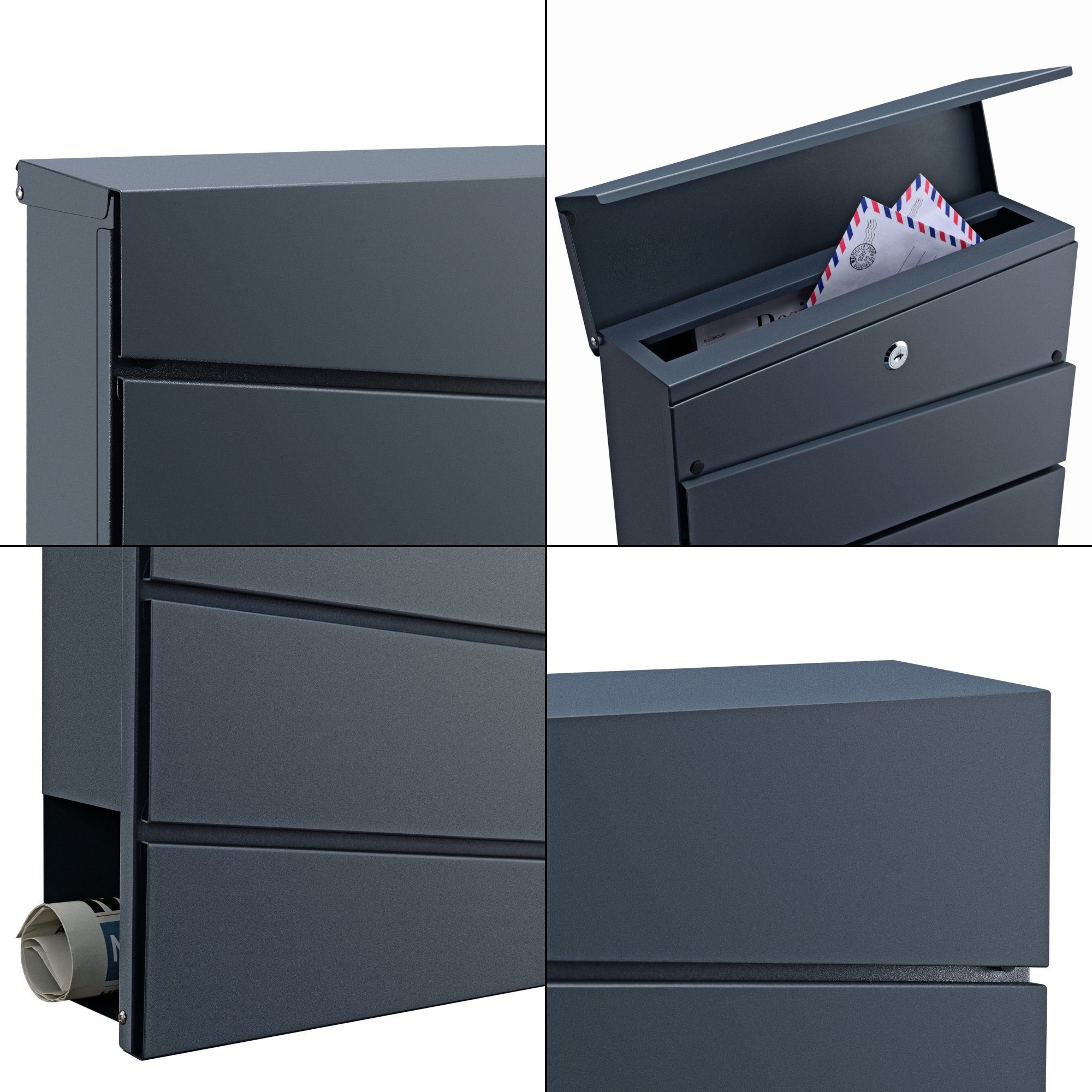 en.casa Wandbriefkasten, »Achtrup« Postkasten mit 2 Schlüsseln Zeitungsfach Anthrazit